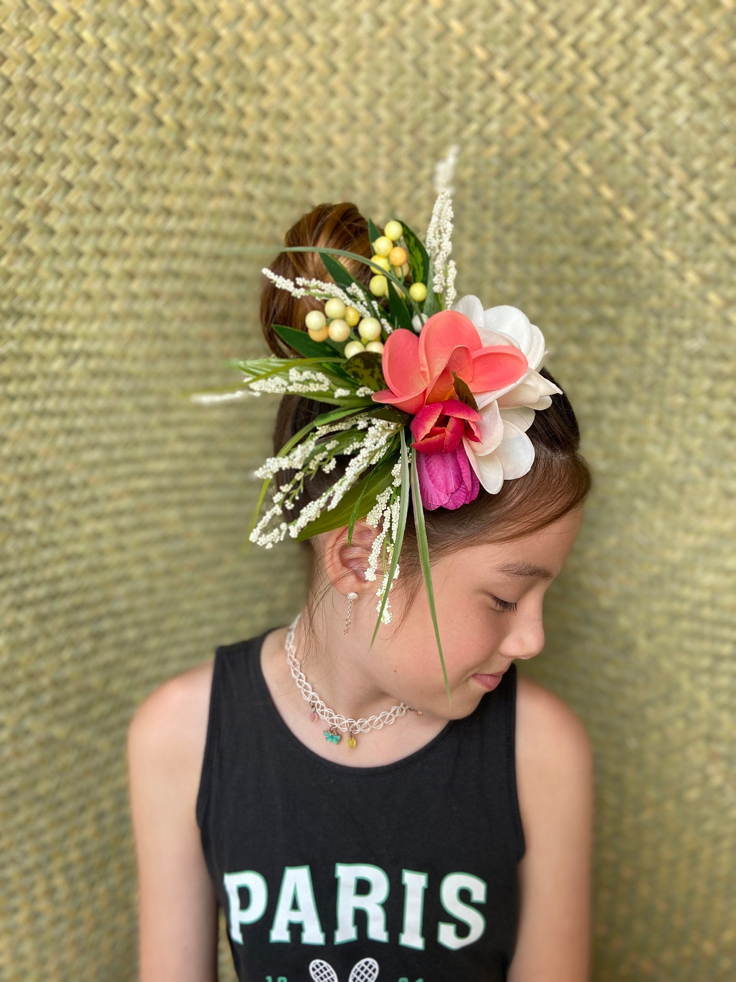 Hawaiian Plumeria Tulip Pixie Bride Graduation Hair Clip Tahitian Aparima Ahuroa Statement Piece Bridal Artificial Ti Leaf Hair Pin