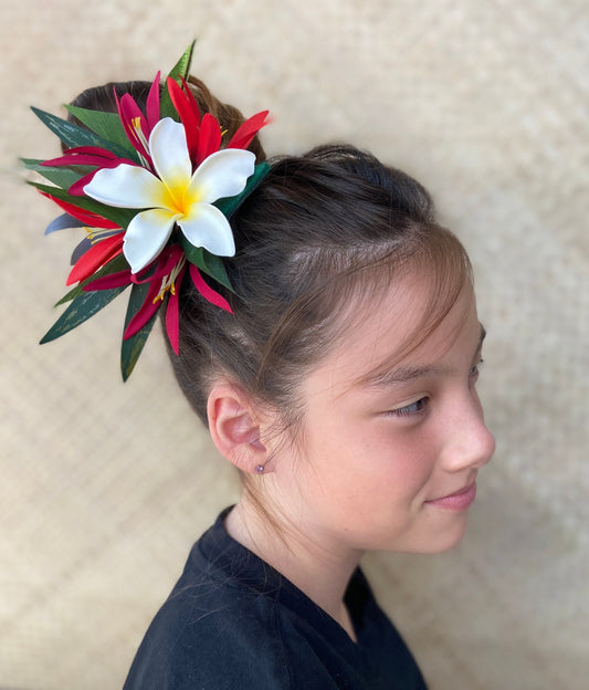 Royal Hawaiian Plumeria Hair Clip Tahitian Headdress Costume Aparima Ahuroa Statement Piece Spider Lily Floral Artificial Ti Leaf Hairpin