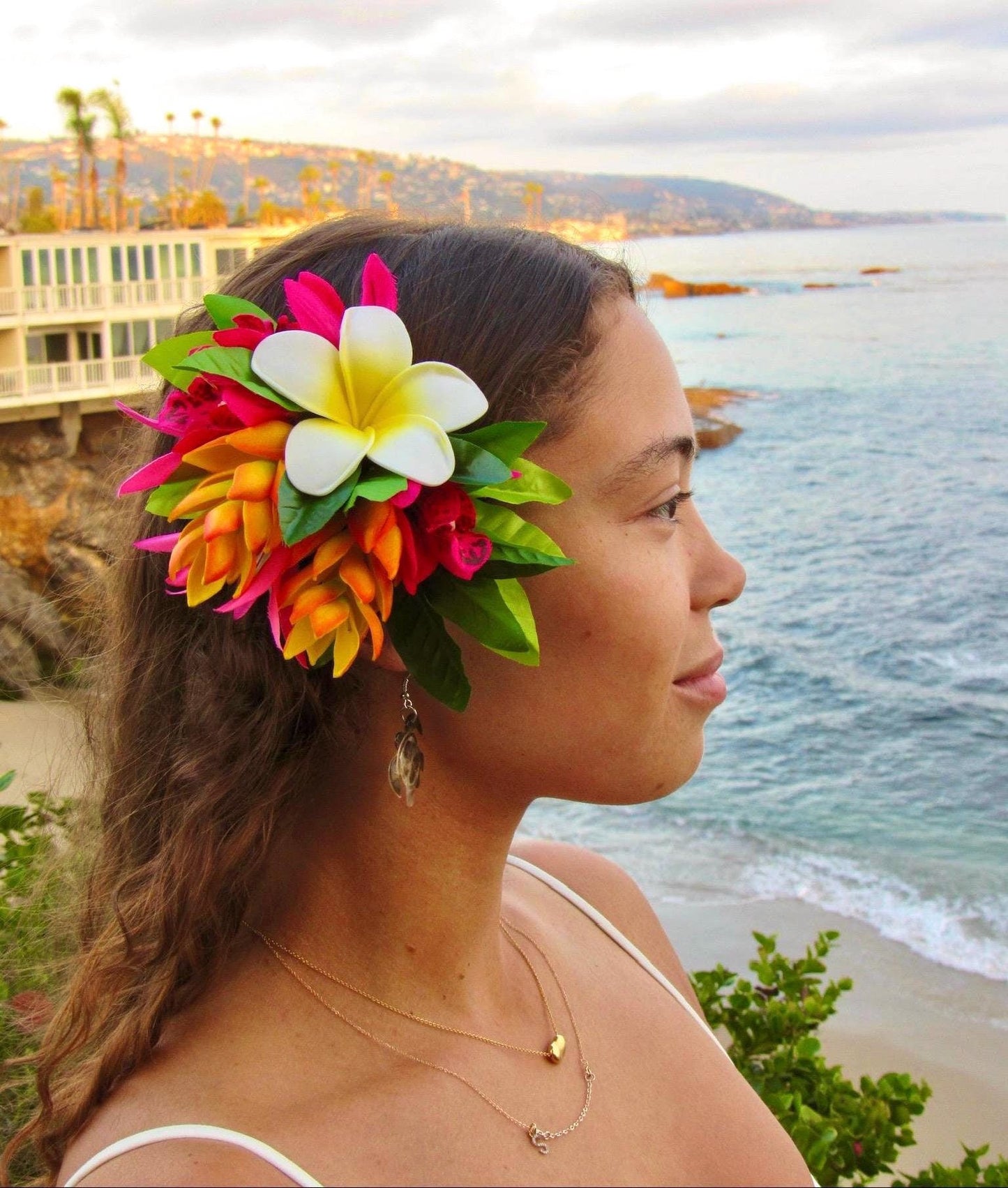 Hawaiian Ginger Plumeria Hair Clip Tahitian Headdress Costume Aparima Ahuroa Statement Piece Bridal Plumeria Artificial Ti Leaf Hair Pin
