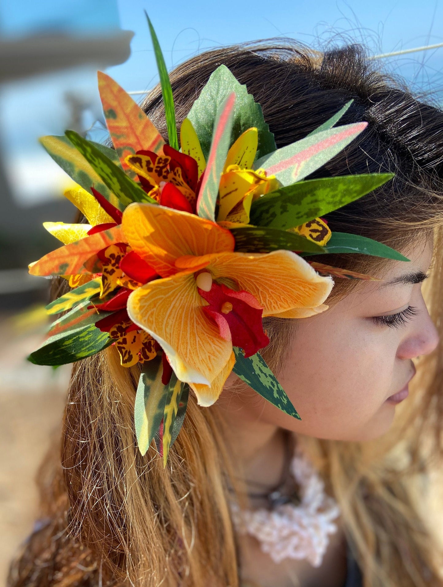 Hawaiian Flower Hair Clip Tahitian Costume Accessories Orchids & Heliconia Artificial Ti Leaf Tropical Hairpin for Aparima Ahuroa Otea Solo