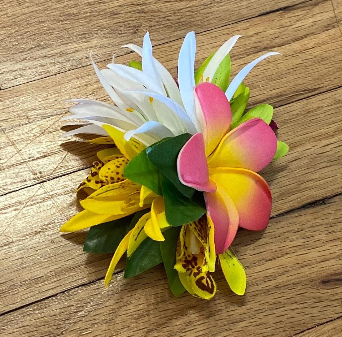 Hawaiian Plumeria Hair Clip Tahitian Costume Accessories Maile & Spider Lily Artificial Ti Leaf Tropical Hairpin Aparima Ahuroa Otea Solo