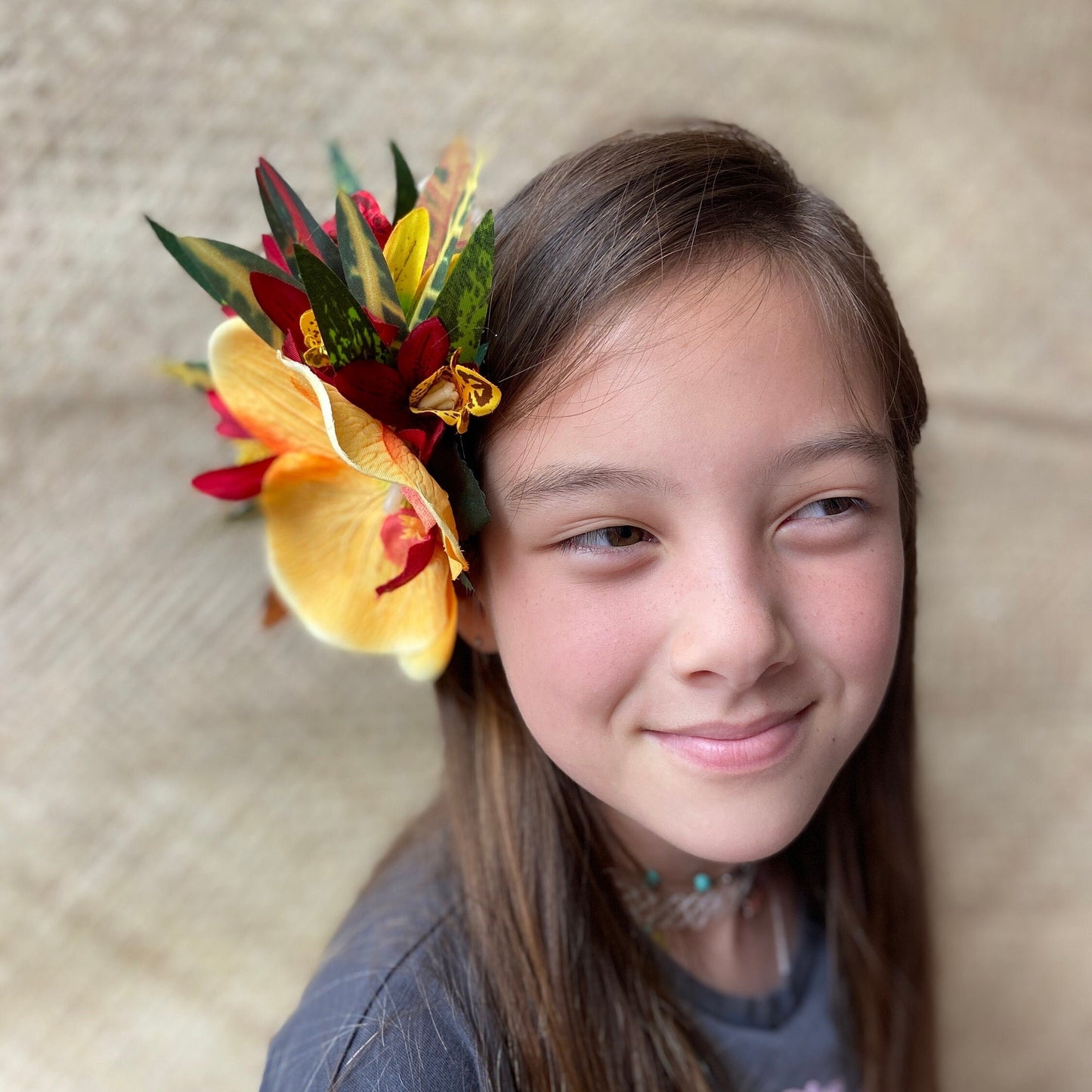 Hawaiian Flower Hair Clip Tahitian Costume Accessories Orchids & Heliconia Artificial Ti Leaf Tropical Hairpin for Aparima Ahuroa Otea Solo