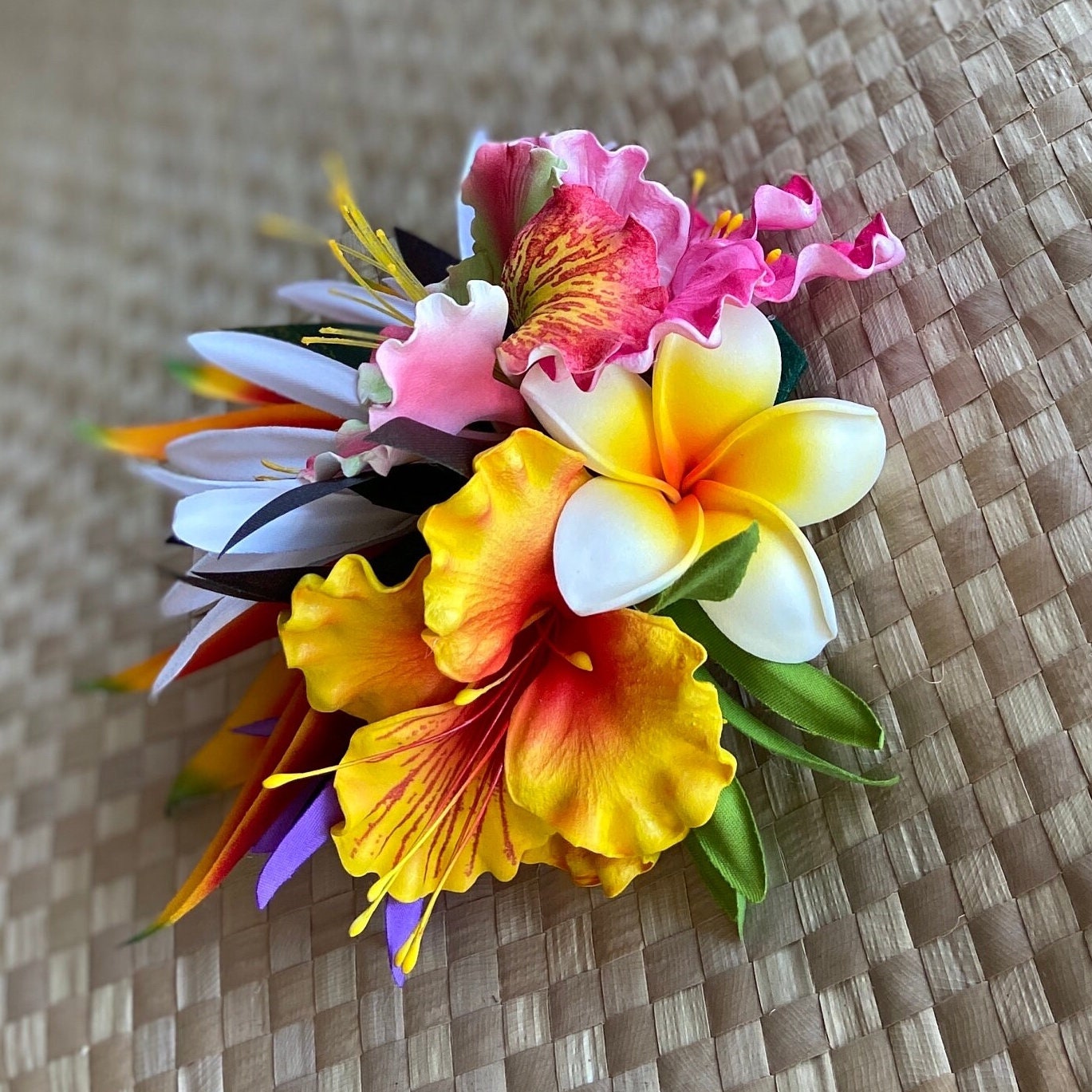 Hawaiian Ohai Ali’i Hair Clip Tahitian Headdress Costume Aparima Ahuroa Statement Piece Bridal Plumeria Artificial Ti Leaf Hair Pin
