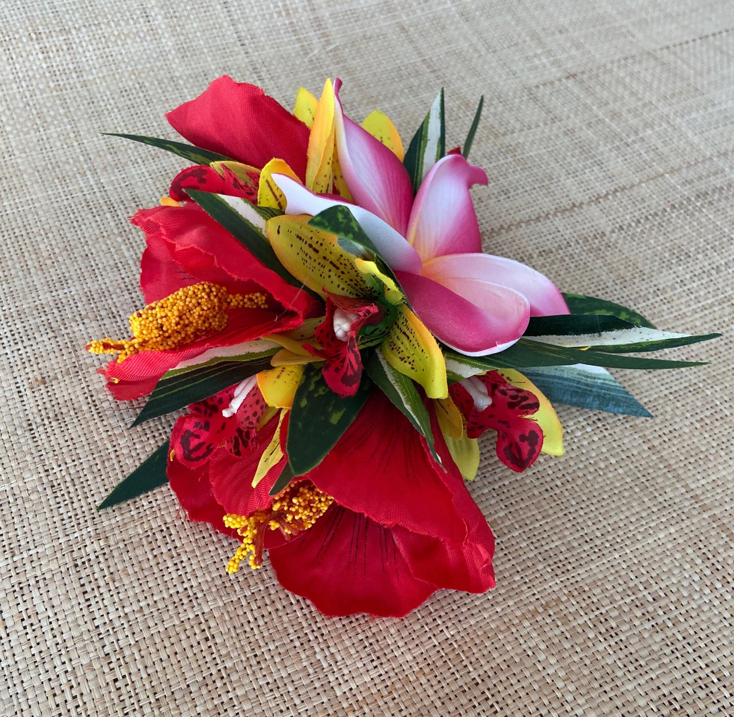 Hawaiian Hair Clip Fascinator Tahitian Aparima or Ahuroa Statement Piece Plumeria & Royal Polynesian Hibiscus Tropical Artificial Ti Leaf