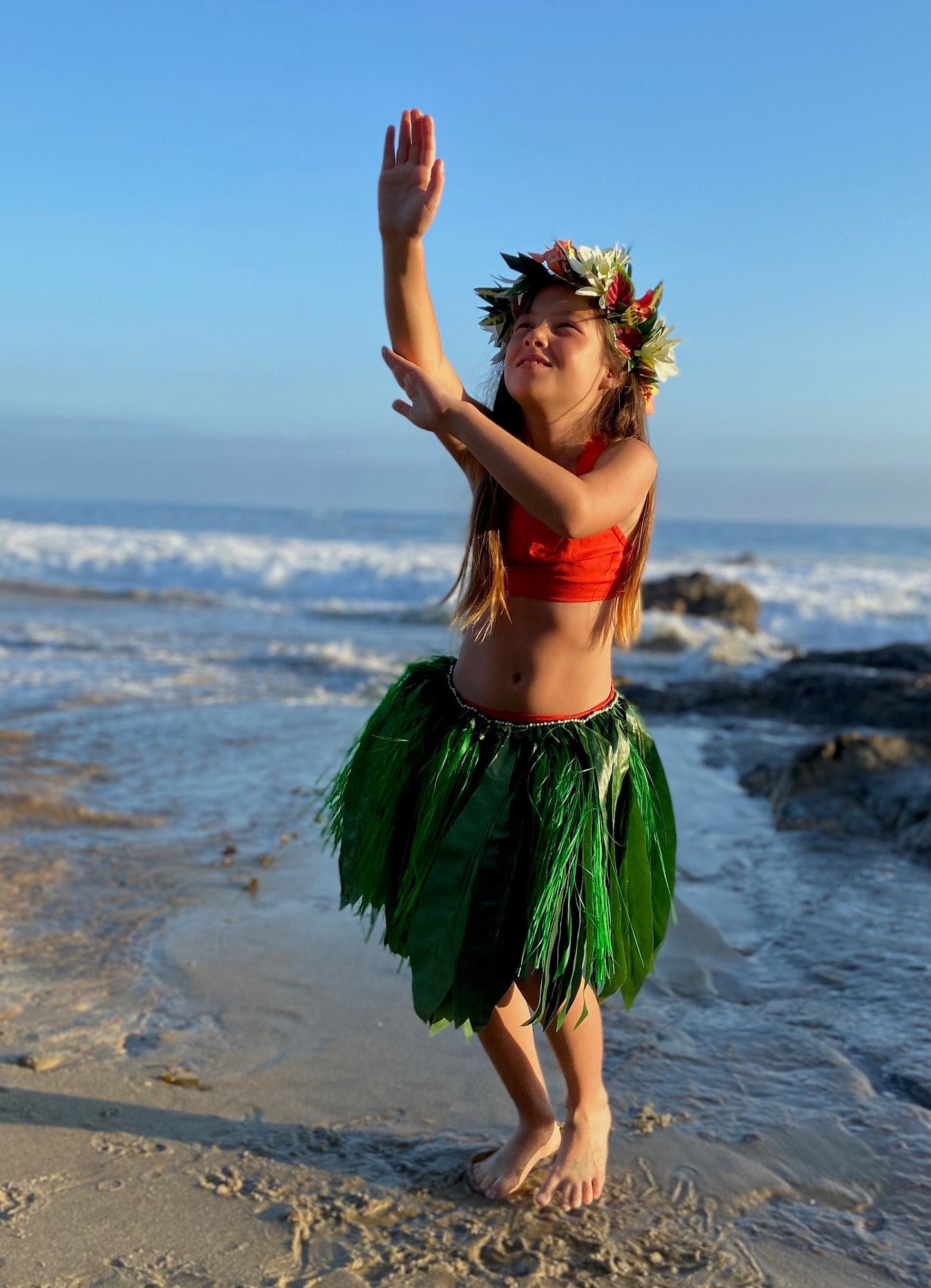 Keiki Silk Ti Leaf Skirt with Hawaiian Hau Mor'e Champion Grade Tamarii Premium Competition Quality Hula Kahiko Professional Photography