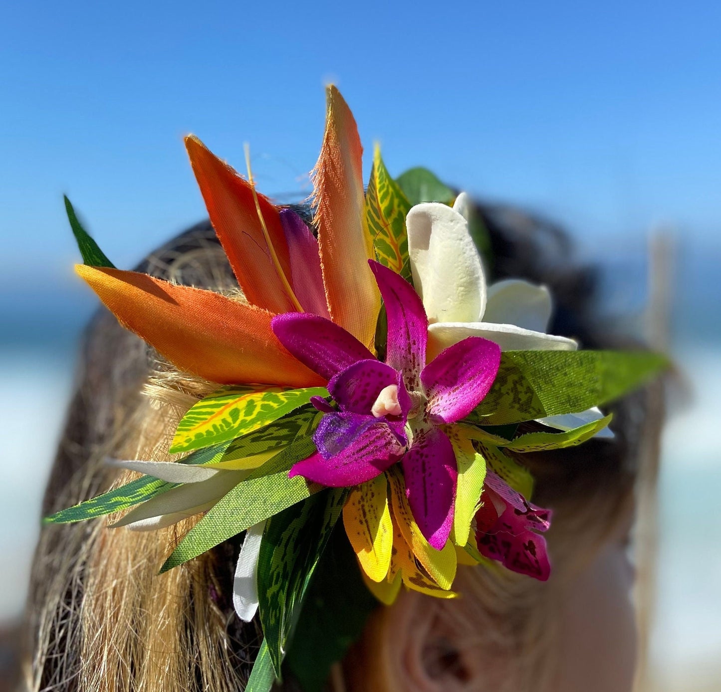 Hawaiian Hair Clip Tahitian Costume Hair Adornment Real Touch Plumeria Orchid Bird of Paradise Artificial Ti Leaf Tropical Hair Pin