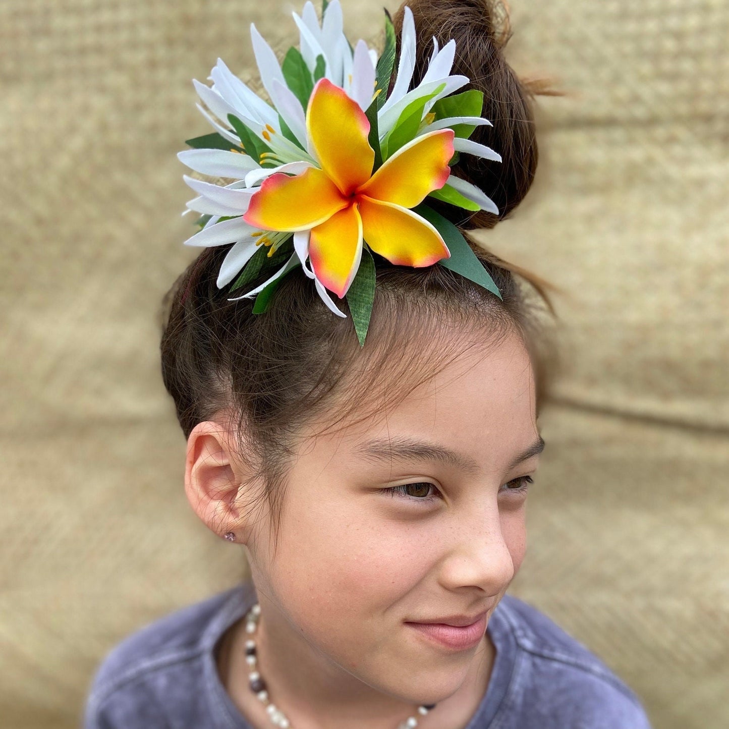Ruffled Hawaiian Plumeria Hair Clip Tahitian Headdress Costume Aparima Ahuroa Statement Piece Croton Maile Floral Artificial Ti Leaf Hairpin