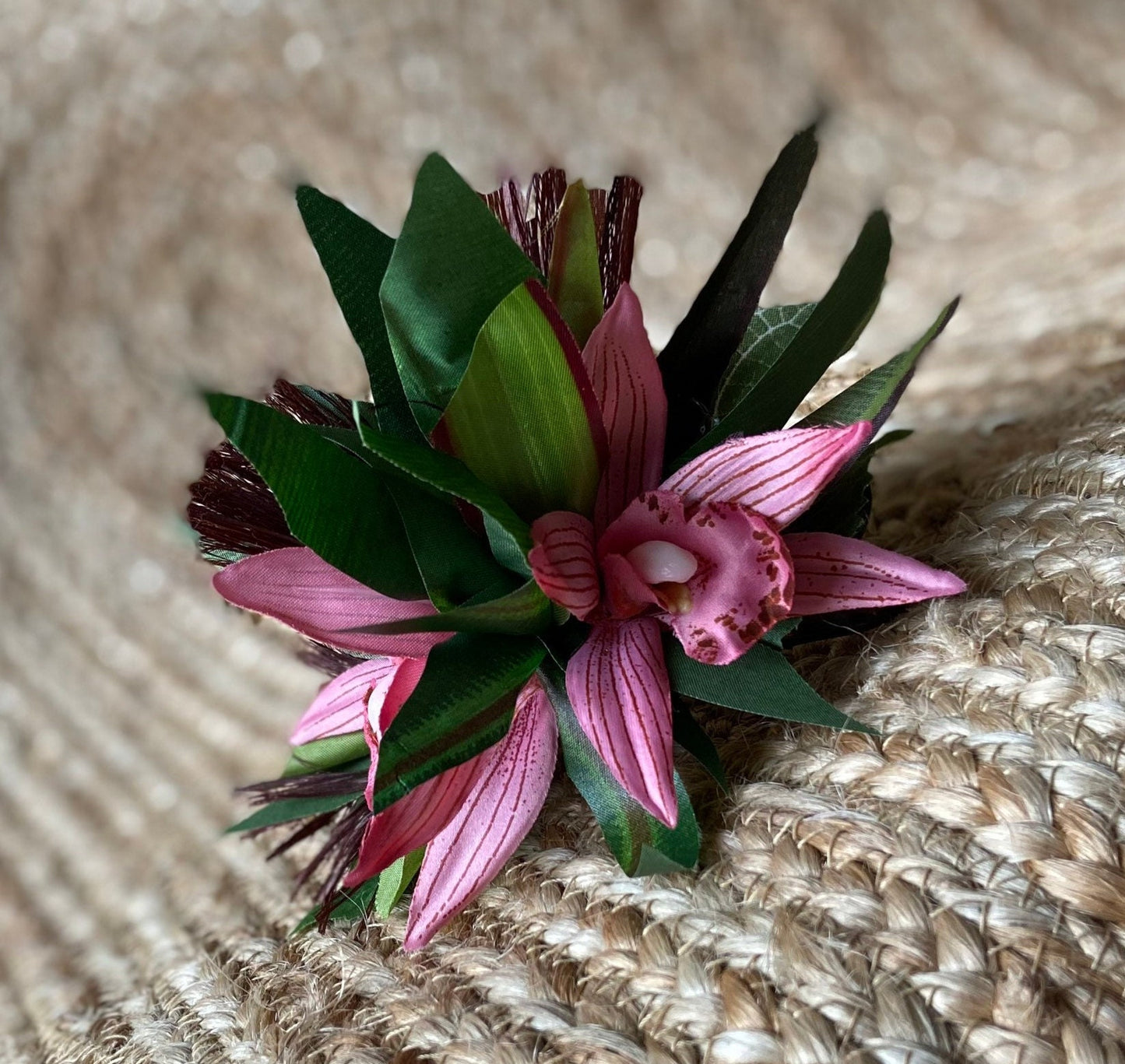 Hawaiian Hair Clip Tahitian Costume Adornment Princess Leopard Orchids & Samoan Hau Fau Hibiscus Fiber Artificial Ti Leaf Tropical Hair Pin