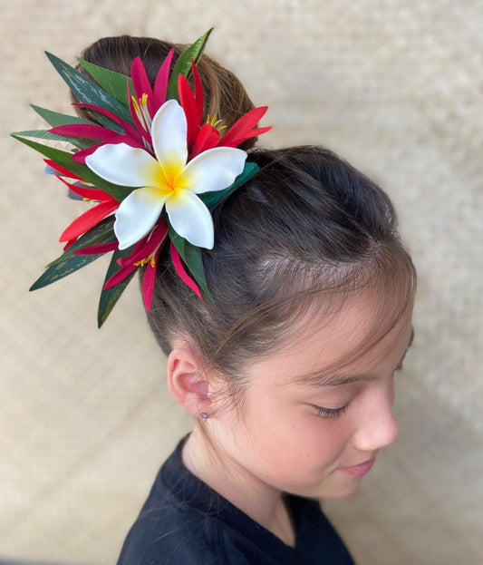 Royal Hawaiian Plumeria Hair Clip Tahitian Headdress Costume Aparima Ahuroa Statement Piece Spider Lily Floral Artificial Ti Leaf Hairpin