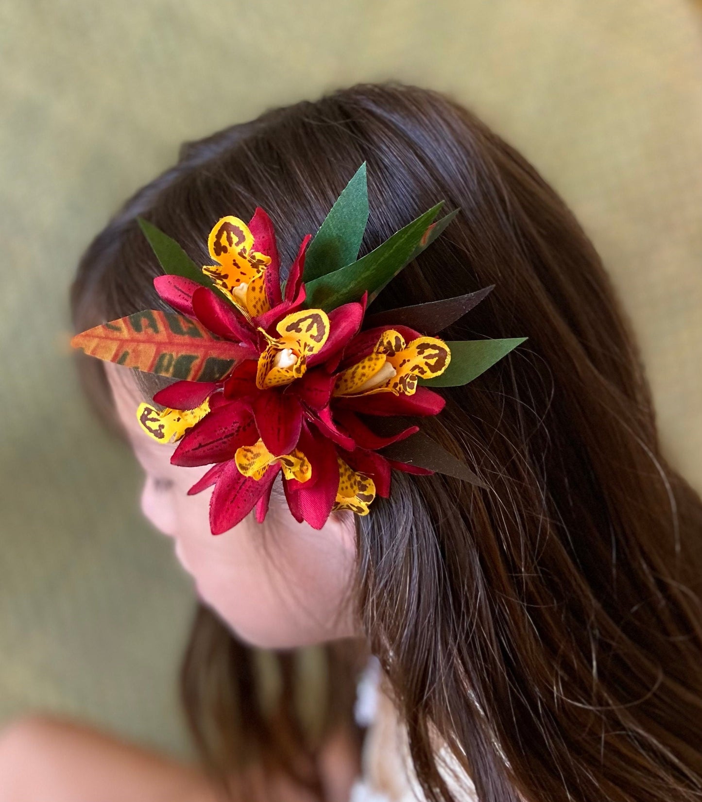 Royal Hawaiian Hair Clip Tahitian Costume Lava Red Orchids & Fire Croton Artificial Silk Ti Leaves Polynesian Dance Haku Lei