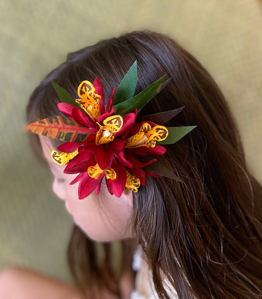 Royal Hawaiian Hair Clip Tahitian Costume Lava Red Orchids & Fire Croton Artificial Silk Ti Leaves Polynesian Dance Haku Lei