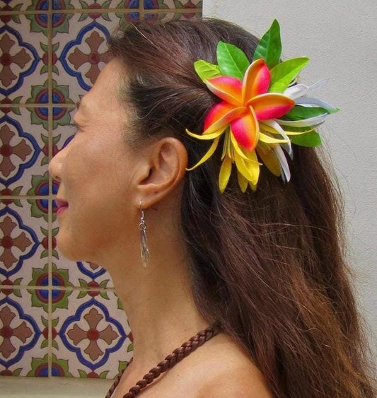 Hawaiian Plumeria Hair Clip Tahitian Costume Accessories Maile & Spider Lily Artificial Ti Leaf Tropical Hairpin Aparima Ahuroa Otea Solo