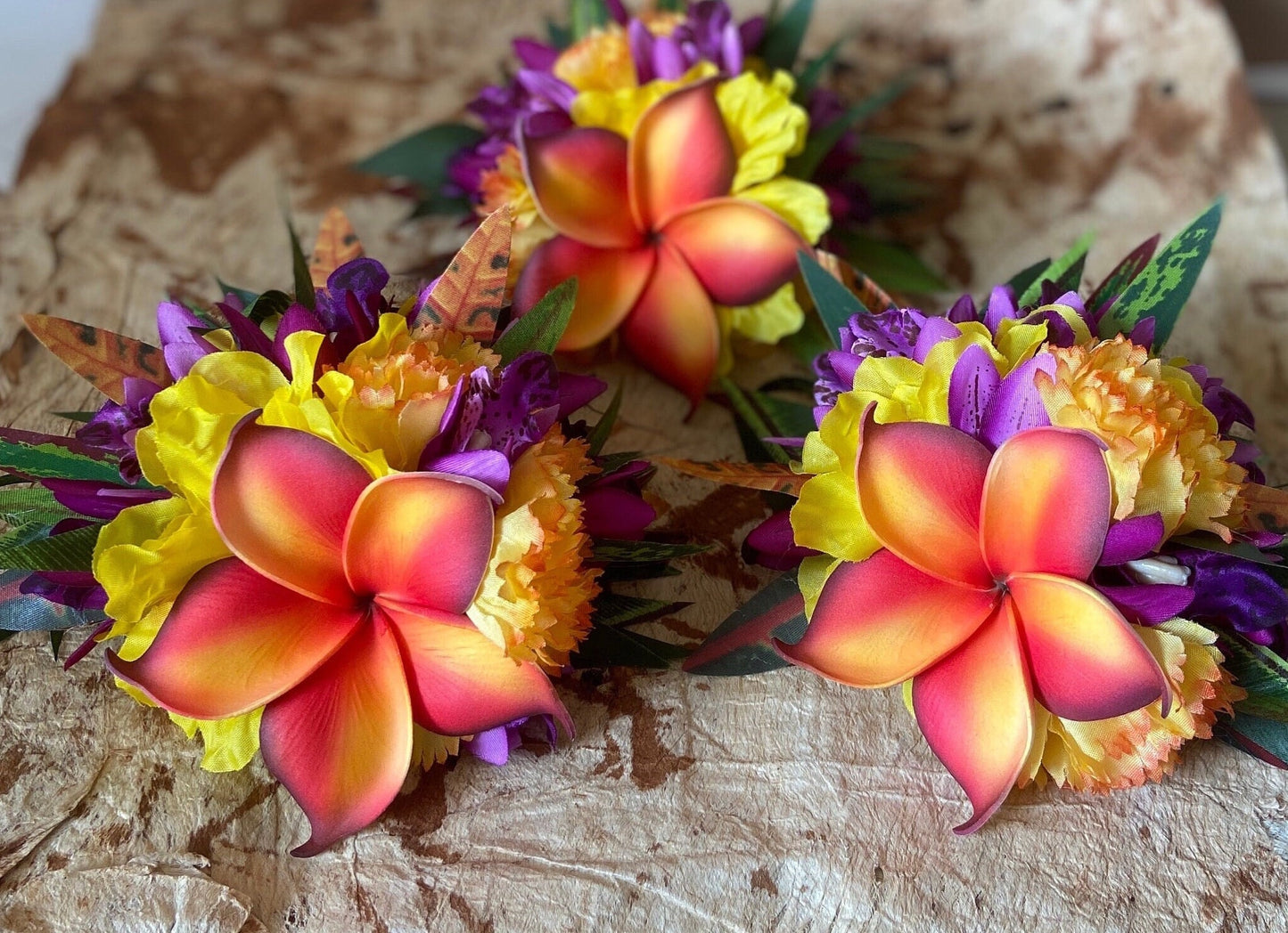 Hawaiian Hair Clip Tahitian Adornment Aparima Ahuroa Statement Piece Plumeria and Royal Polynesian Hibiscus Tropical Artificial Ti Leaf