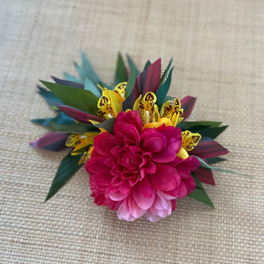 Hawaiian Hair Clip Tahitian Costume Hair Adornment Dahlia & Golden Leopard Orchids Artificial Ti Leaf Tropical Hair Pin
