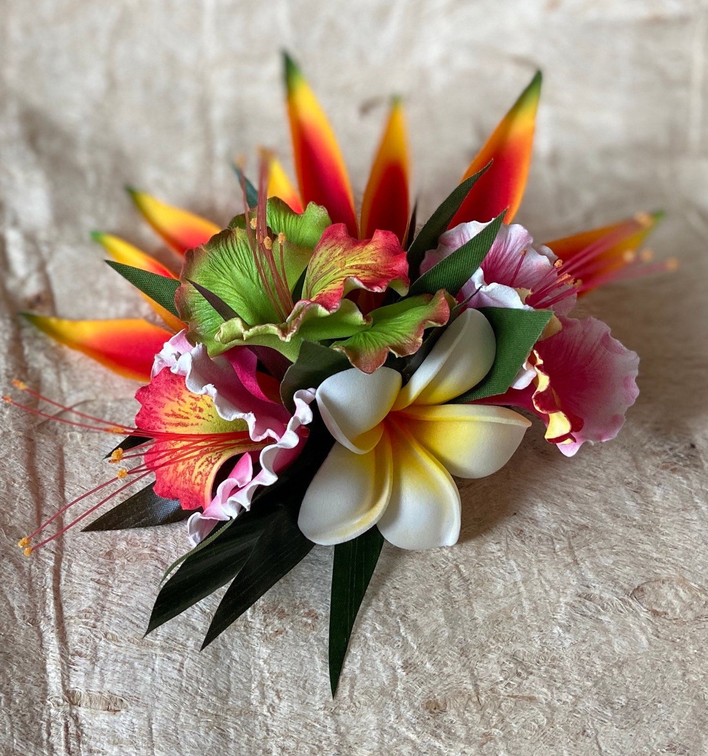 Hawaiian Ohai Ali’i Hair Clip Tahitian Headdress Costume Aparima Ahuroa Statement Piece Bridal Plumeria Artificial Ti Leaf Hair Pin