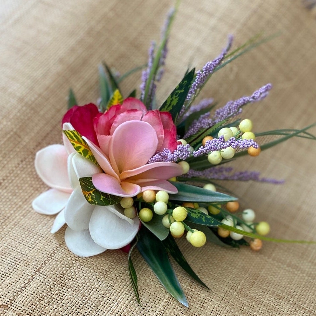 Hawaiian Plumeria Tulip Pixie Bride Graduation Hair Clip Tahitian Aparima Ahuroa Statement Piece Bridal Artificial Ti Leaf Hair Pin