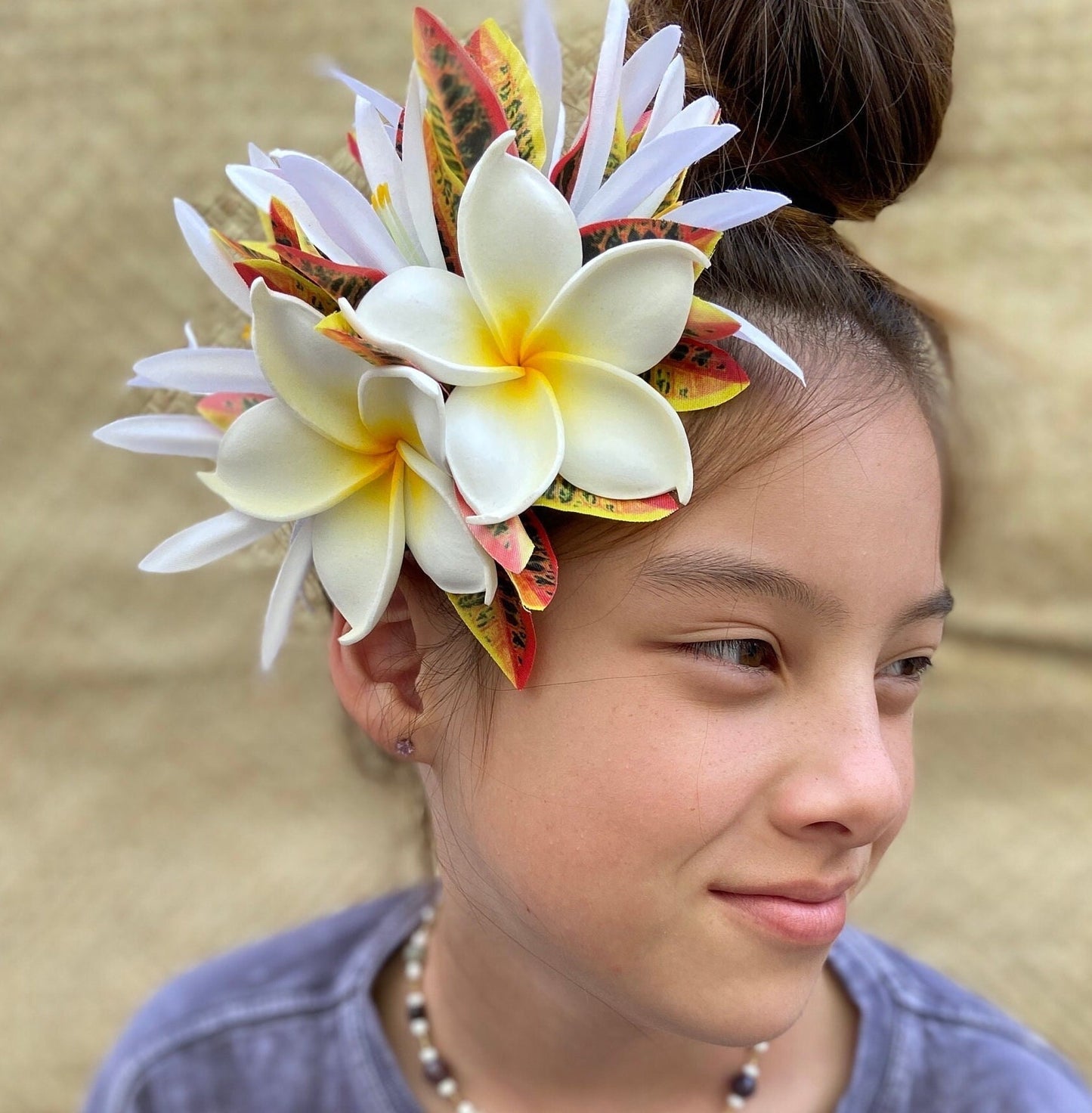 Double Hawaiian Plumeria Hair Clip Tahitian Headdress Costume Aparima Ahuroa Statement Piece Croton Maile Floral Artificial Ti Leaf Hairpin