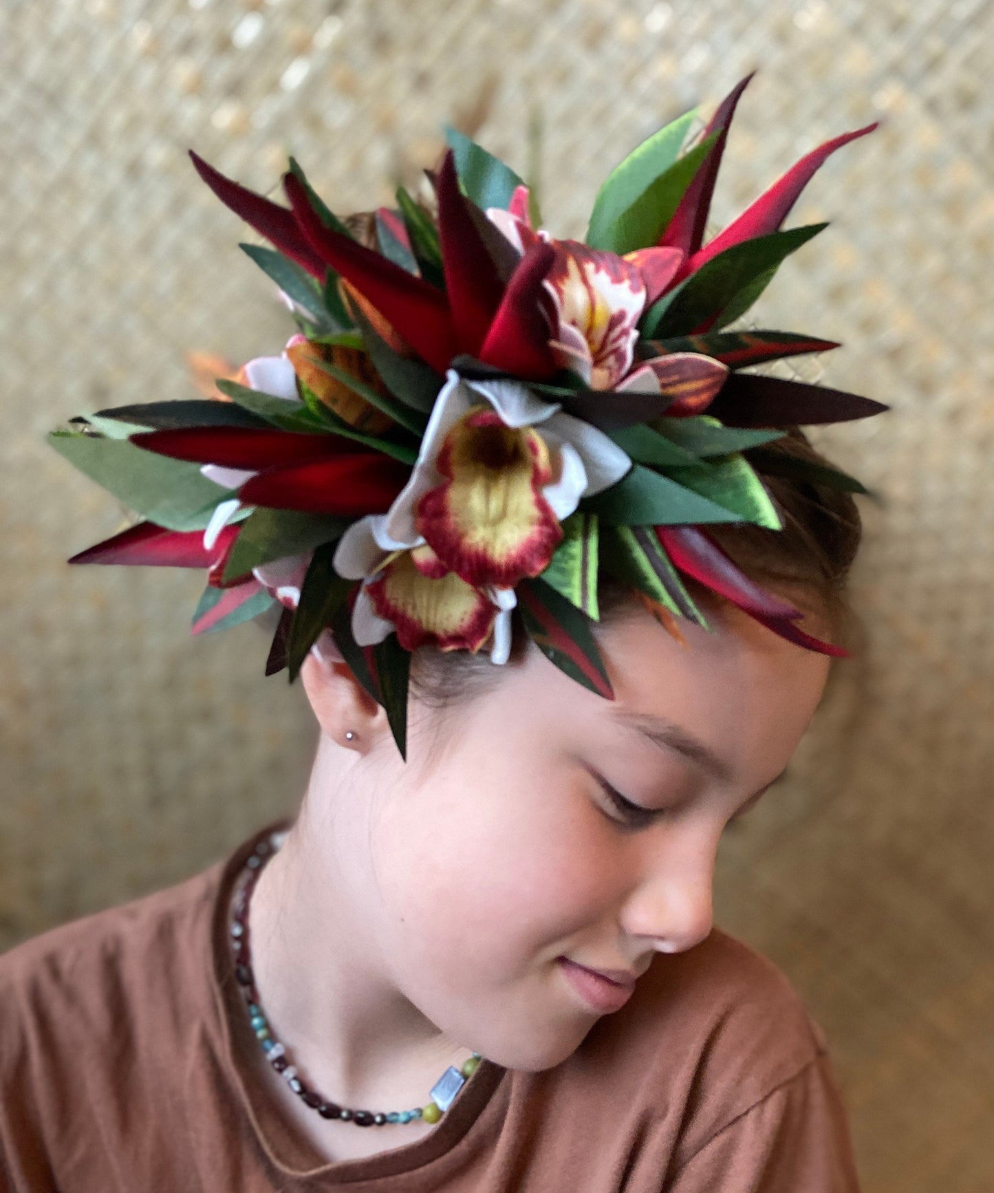 Hawaiian Queen Orchid Hair Clip Tahitian Headdress Costume Aparima Ahuroa Statement Piece Bird of Paradise Floral Artificial Ti Leaf Hairpin