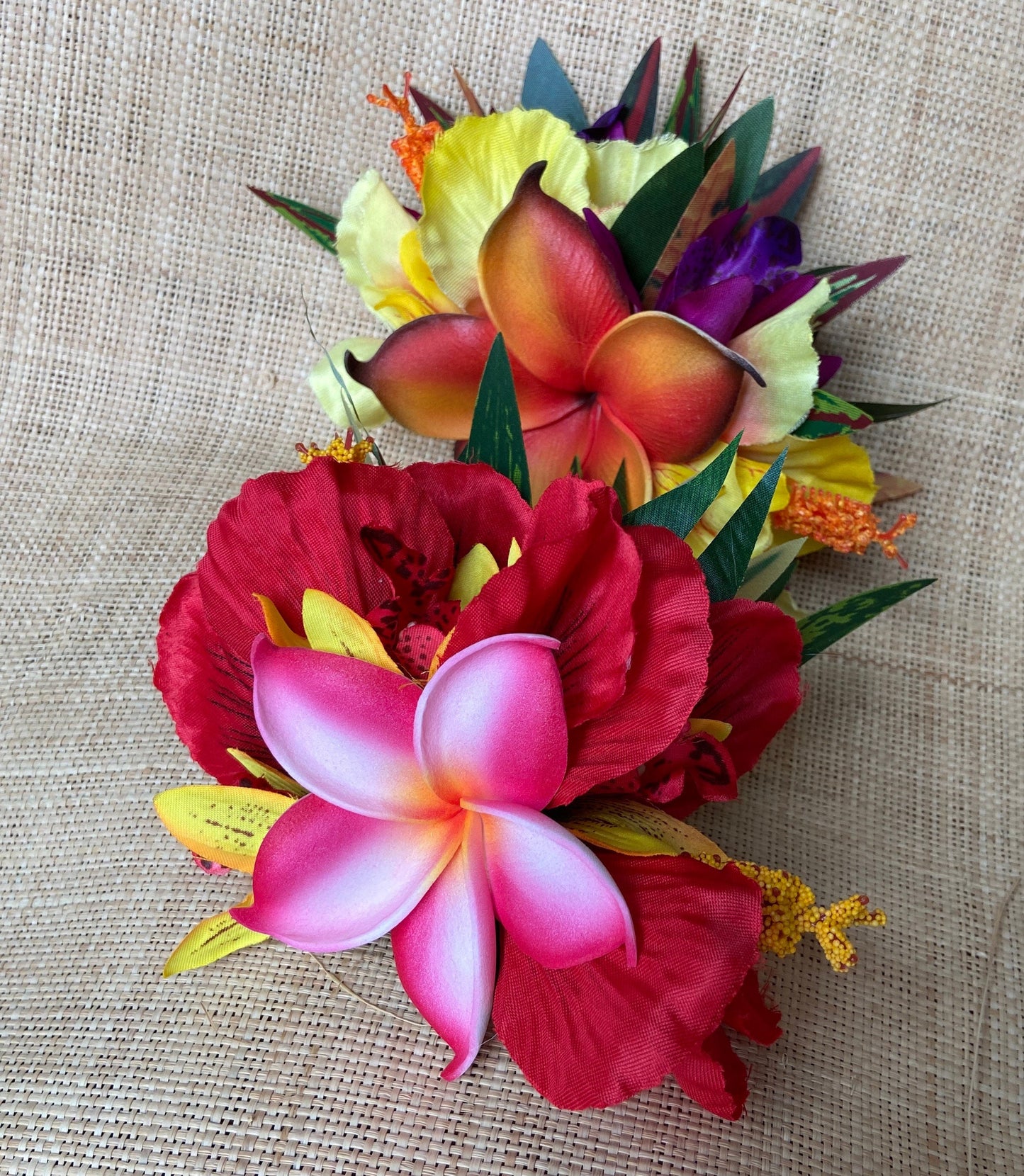 Hawaiian Hair Clip Fascinator Tahitian Aparima or Ahuroa Statement Piece Plumeria & Royal Polynesian Hibiscus Tropical Artificial Ti Leaf