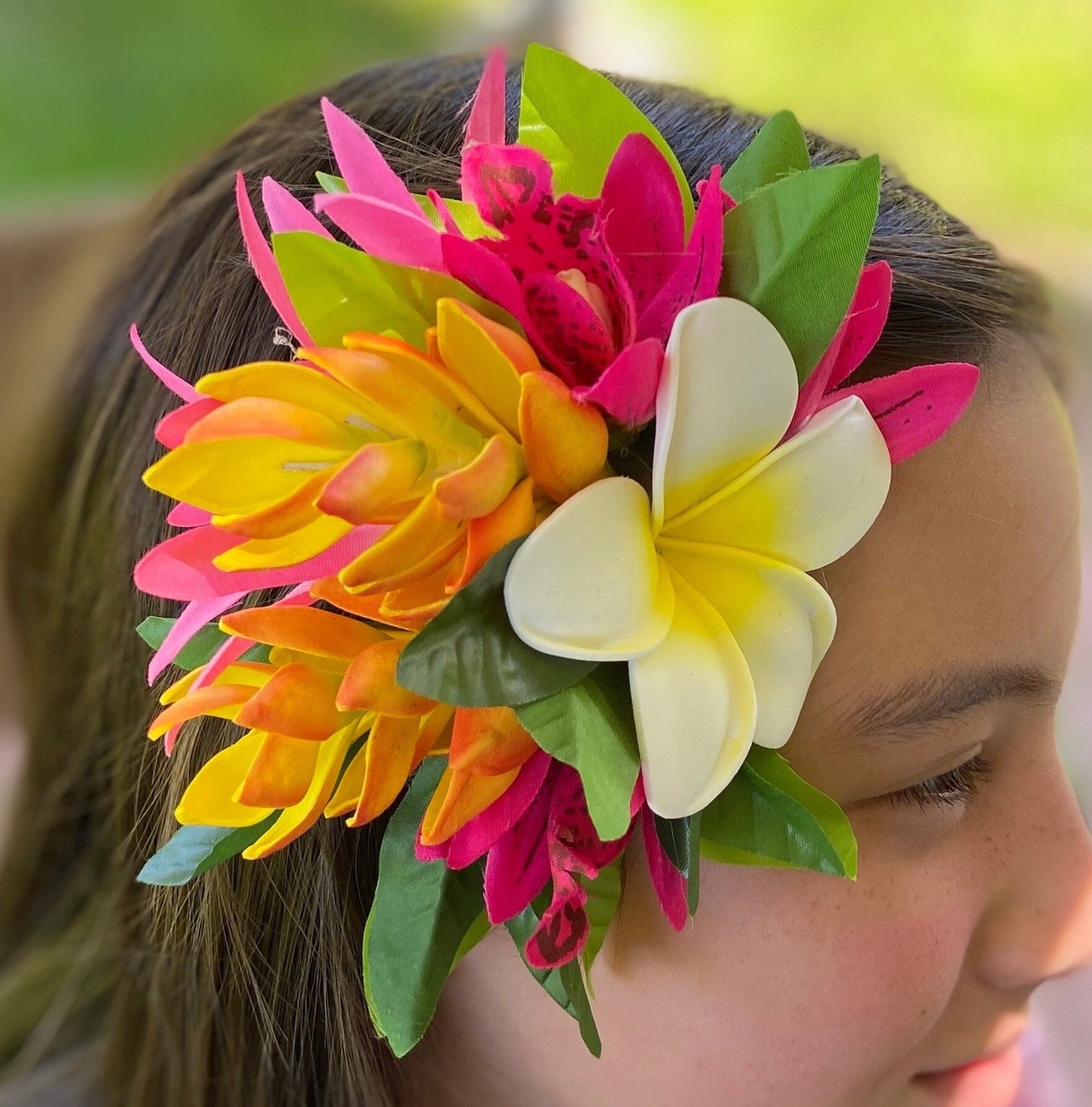 Hawaiian Ginger Plumeria Hair Clip Tahitian Headdress Costume Aparima Ahuroa Statement Piece Bridal Plumeria Artificial Ti Leaf Hair Pin