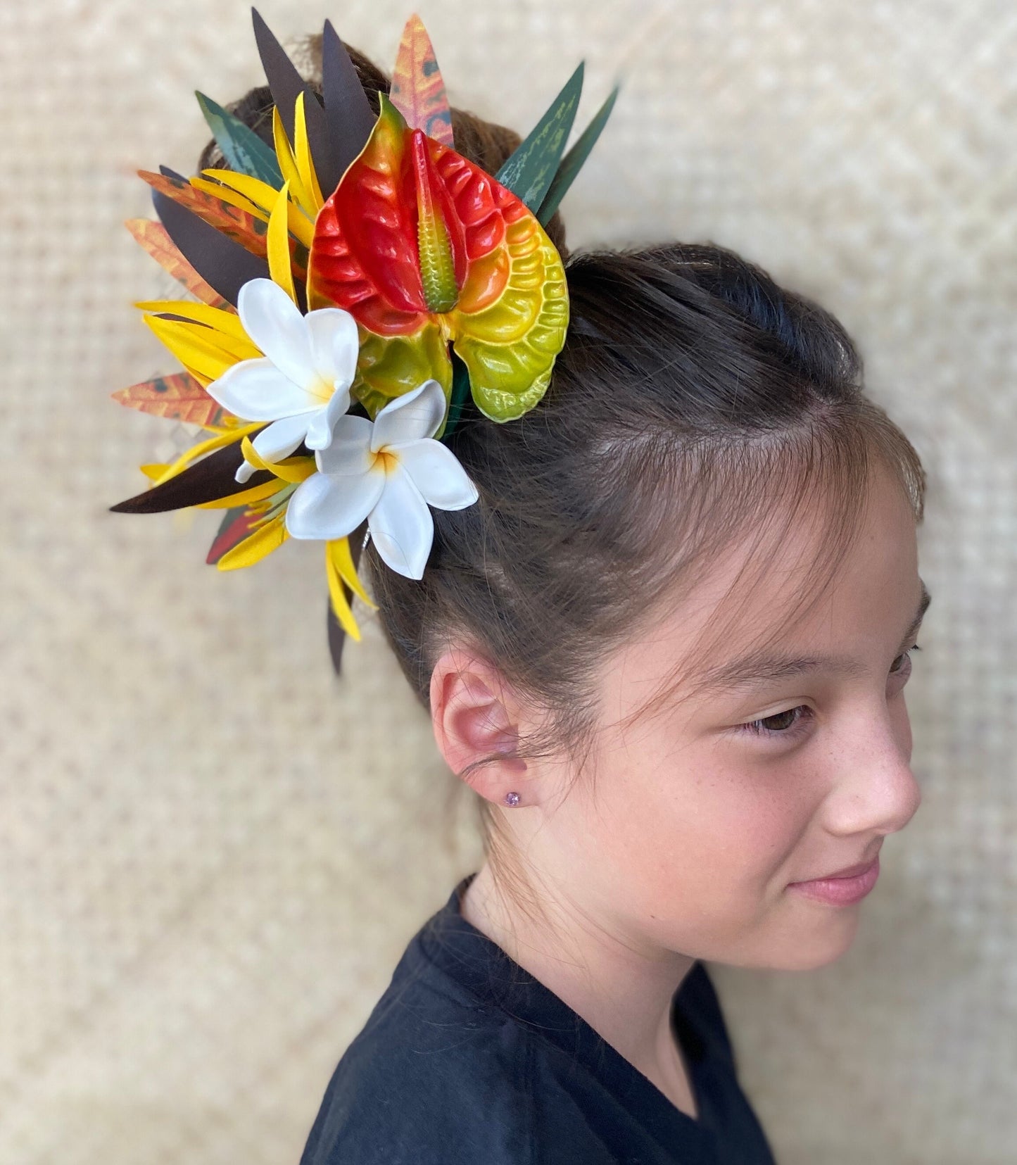 Royal Sunset Anthurium Hair Clip Tahitian Headdress Costume for Aparima Ahuroa Hula Statement Piece Bridal Plumeria Fascinator Hair Pin