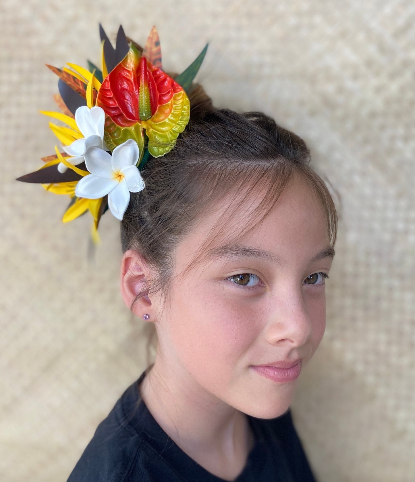 Royal Sunset Anthurium Hair Clip Tahitian Headdress Costume for Aparima Ahuroa Hula Statement Piece Bridal Plumeria Fascinator Hair Pin