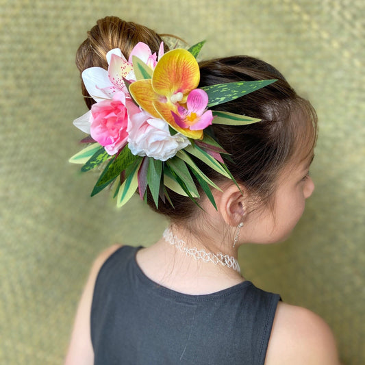 Hawaiian Orchid Rose Pixie Bride Graduation Hair Clip Tahitian Aparima Ahuroa Statement Piece Bridal Artificial Ti Leaf Hair Pin