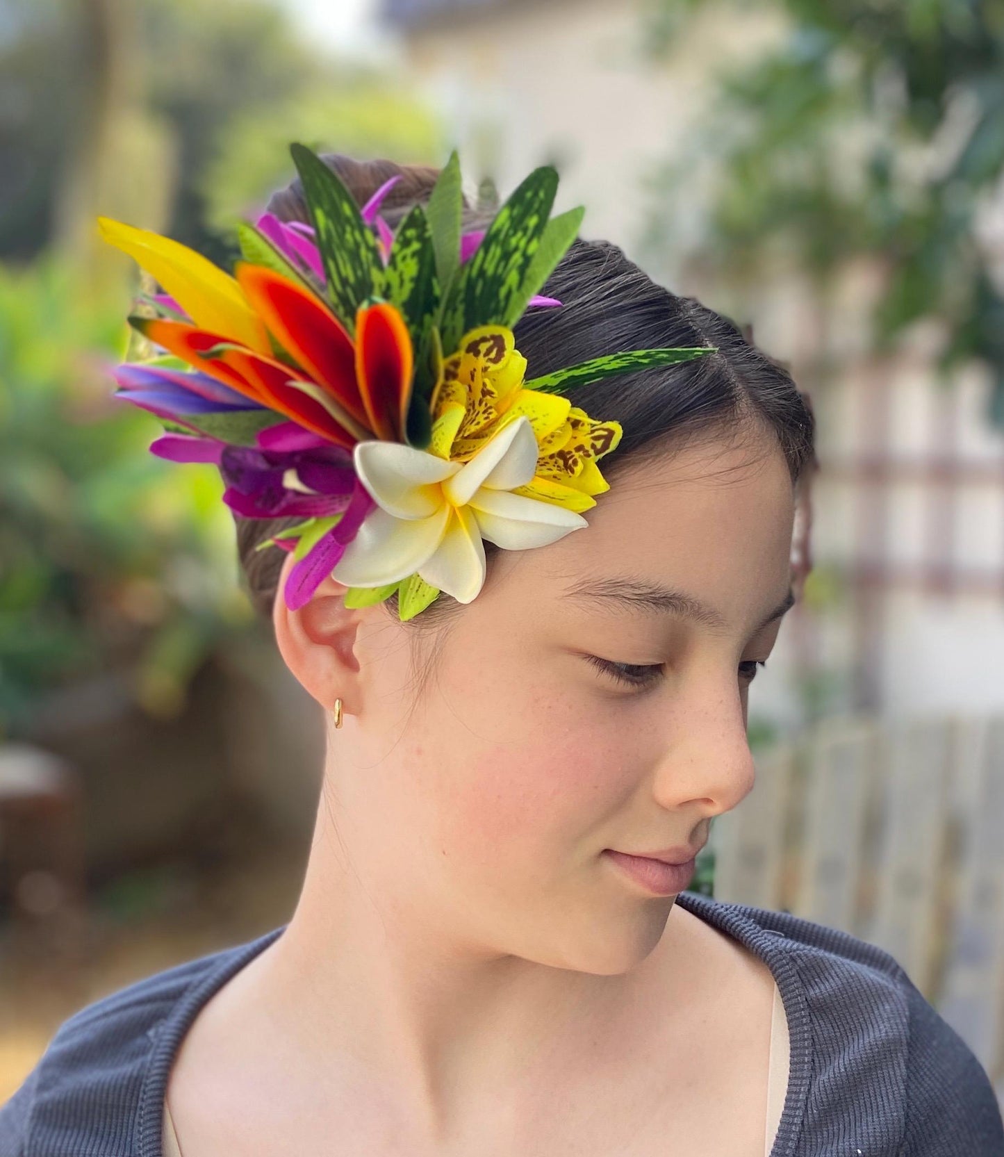 Hawaiian Hair Clip Tahitian Costume Hair Adornment Real Touch Plumeria Orchid Bird of Paradise Artificial Ti Leaf Tropical Hair Pin