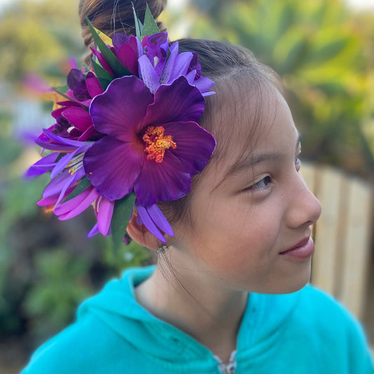 Hawaiian Flower Hair Clip Tahitian Costume Accessories Moonlight Hibiscus Artificial Ti Leaf Tropical Hairpin for Aparima Ahuroa Otea Solo