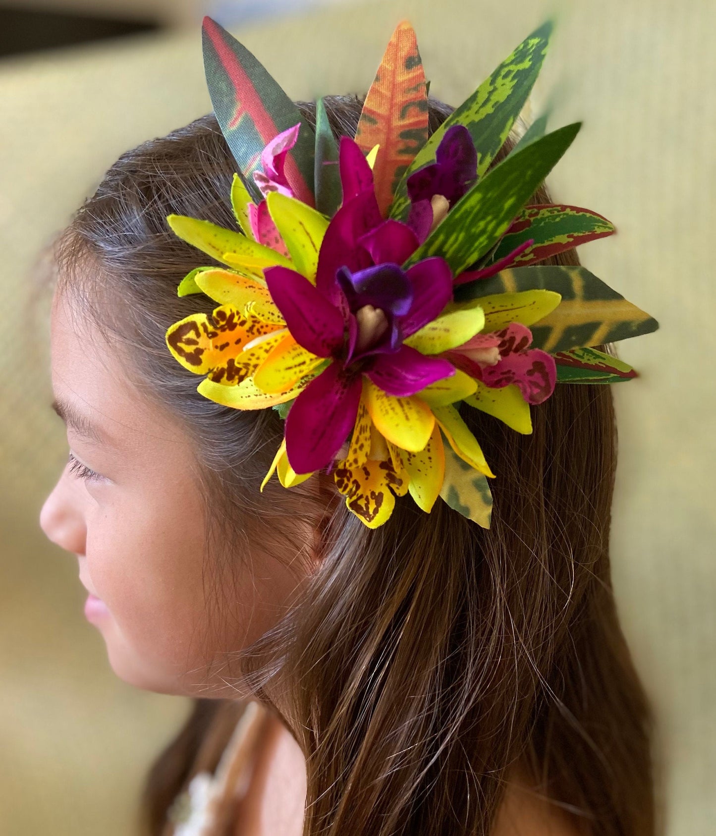 Hawaiian Hair Clip Tahitian Costume Orchids & Fire Croton Artificial Silk Ti Leaves Polynesian Dance Haku Lei Heiva Headdress Flower Crown