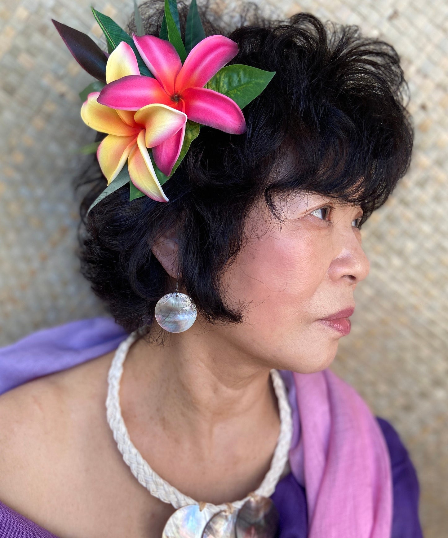 Hawaiian Hair Clip Tahitian Adornment Aparima Ahuroa Statement Piece Sunrise Sunset Twin Plumeria Vintage Tropical Elegant Hair Pin