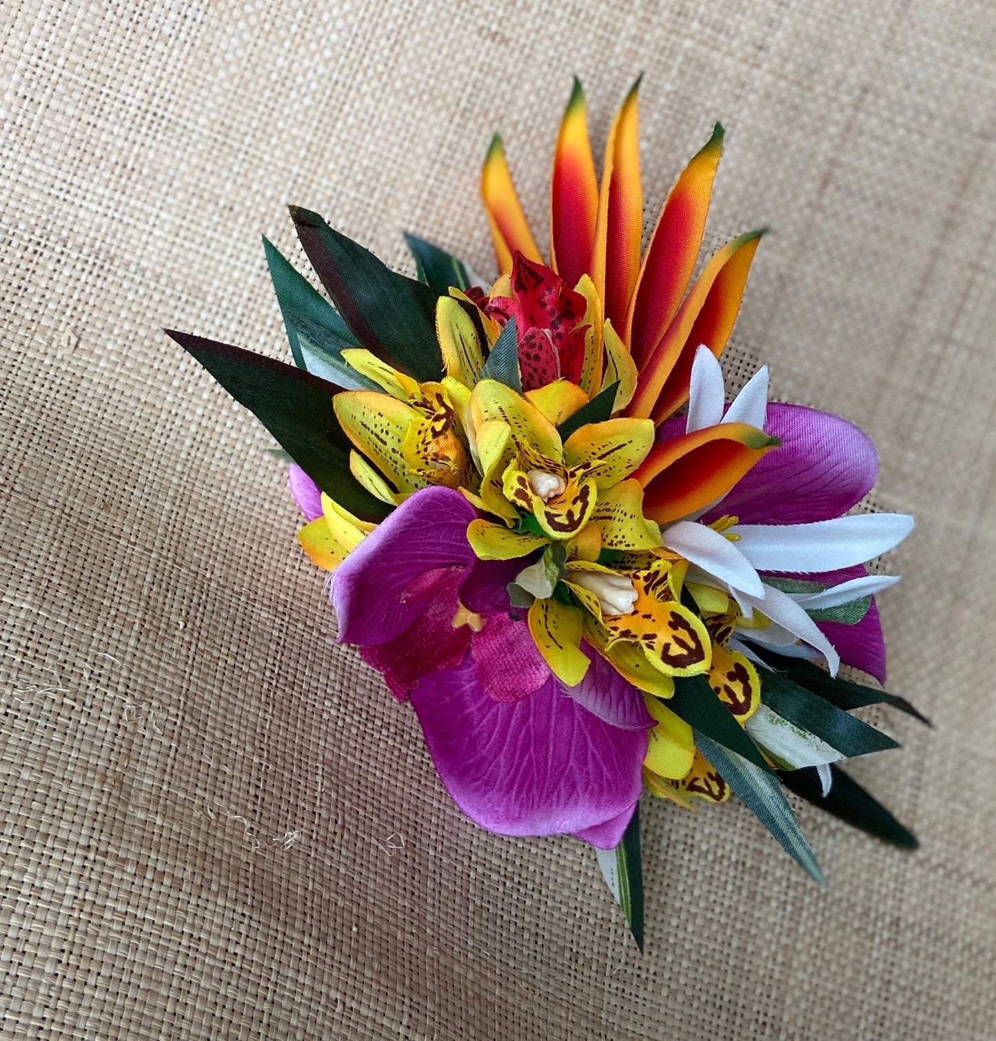 Hawaiian Flower Hair Clip Tahitian Costume Accessories Orchids & Heliconia Artificial Ti Leaf Tropical Hair Pin