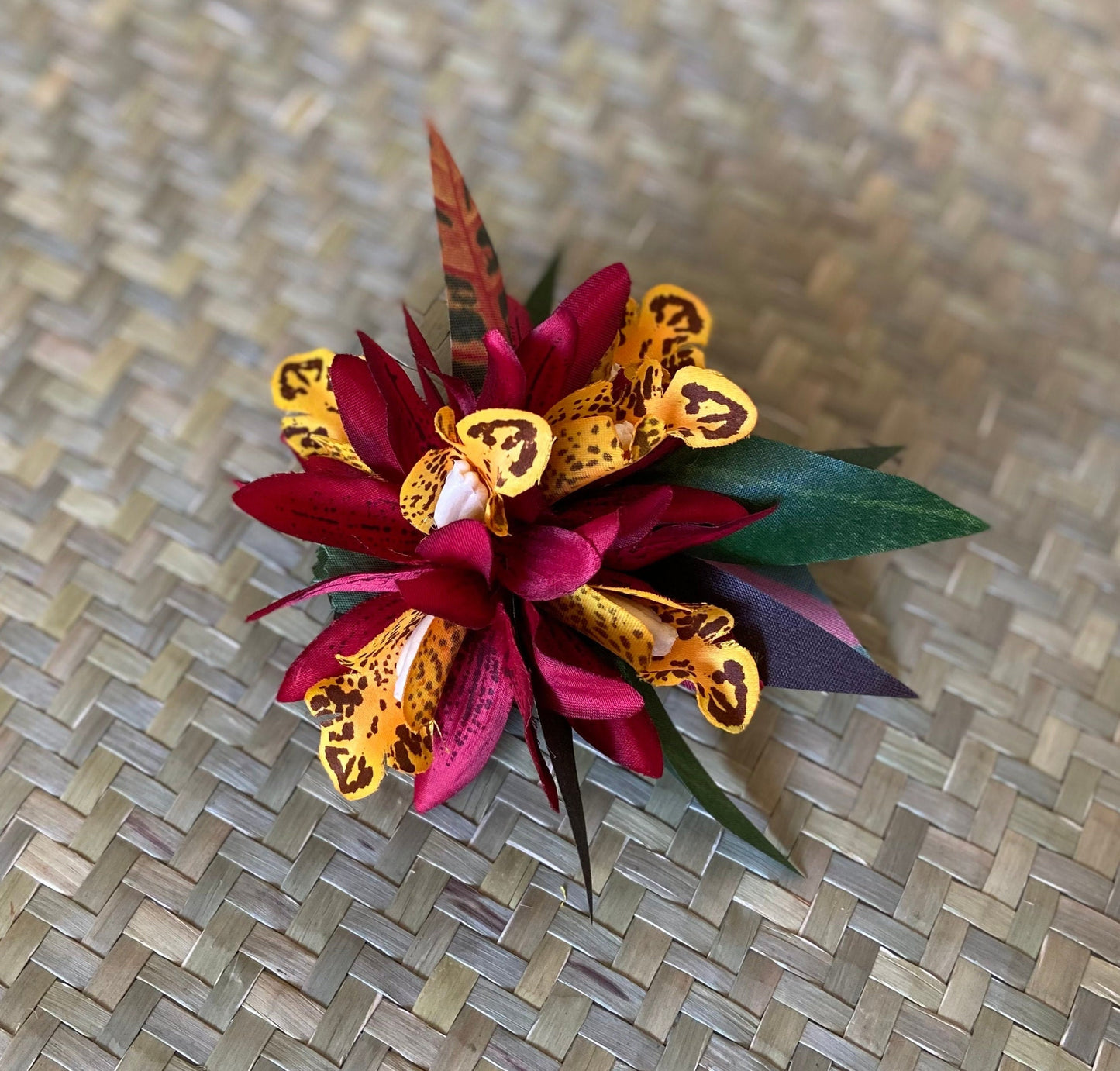 Royal Hawaiian Hair Clip Tahitian Costume Lava Red Orchids & Fire Croton Artificial Silk Ti Leaves Polynesian Dance Haku Lei