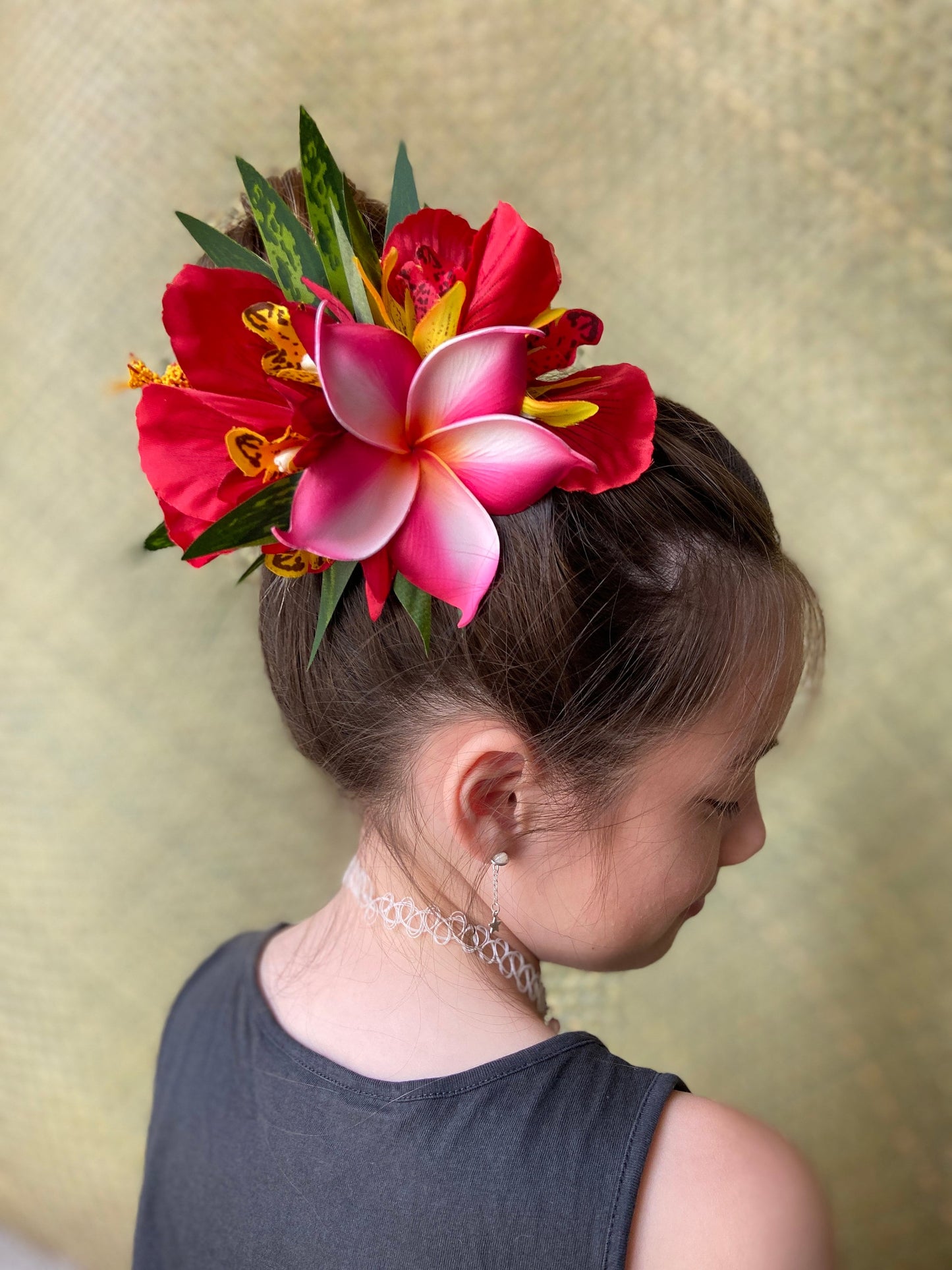 Hawaiian Hair Clip Tahitian Adornment Aparima Ahuroa Statement Piece Plumeria and Royal Polynesian Hibiscus Tropical Artificial Ti Leaf