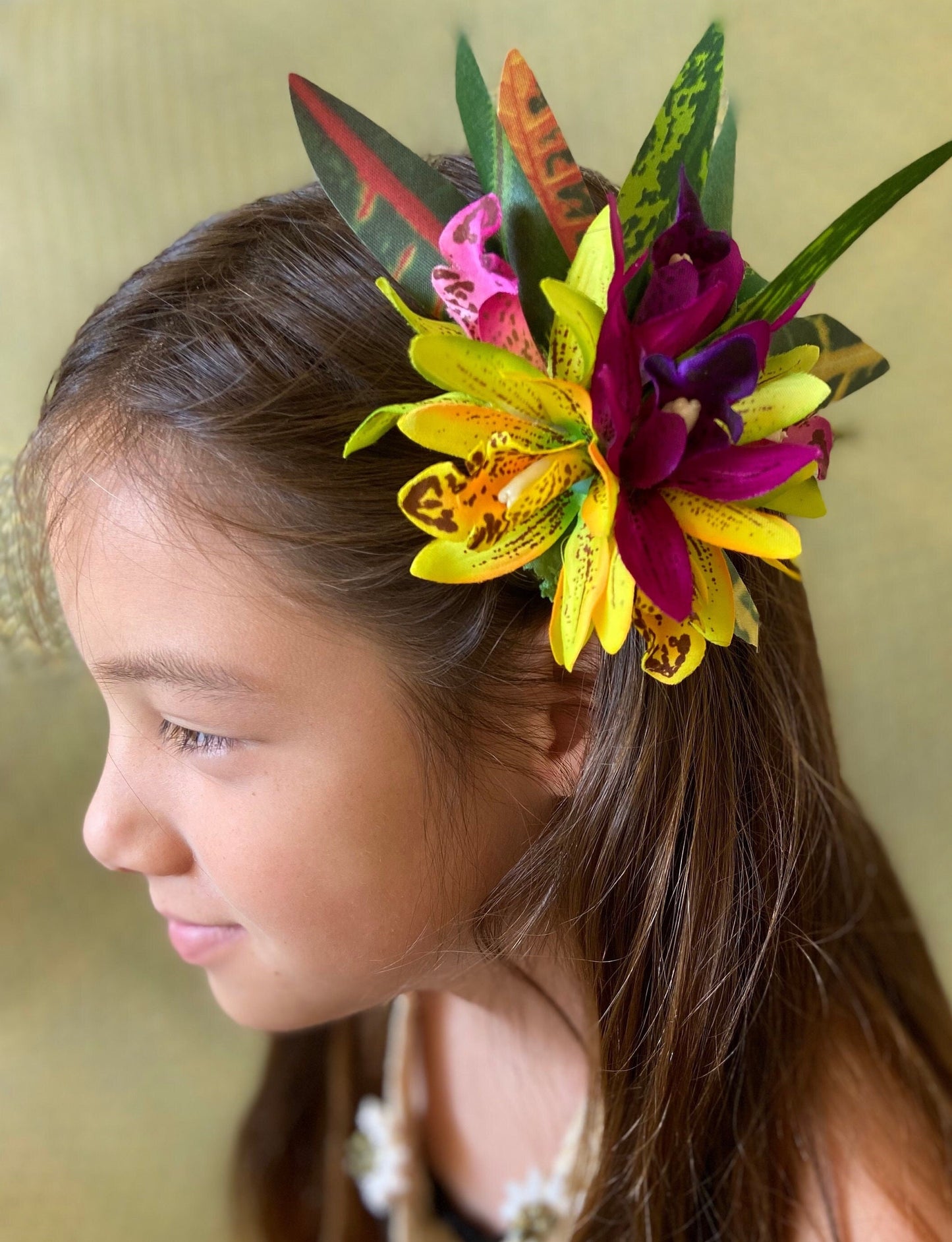Hawaiian Hair Clip Tahitian Costume Orchids & Fire Croton Artificial Silk Ti Leaves Polynesian Dance Haku Lei Heiva Headdress Flower Crown
