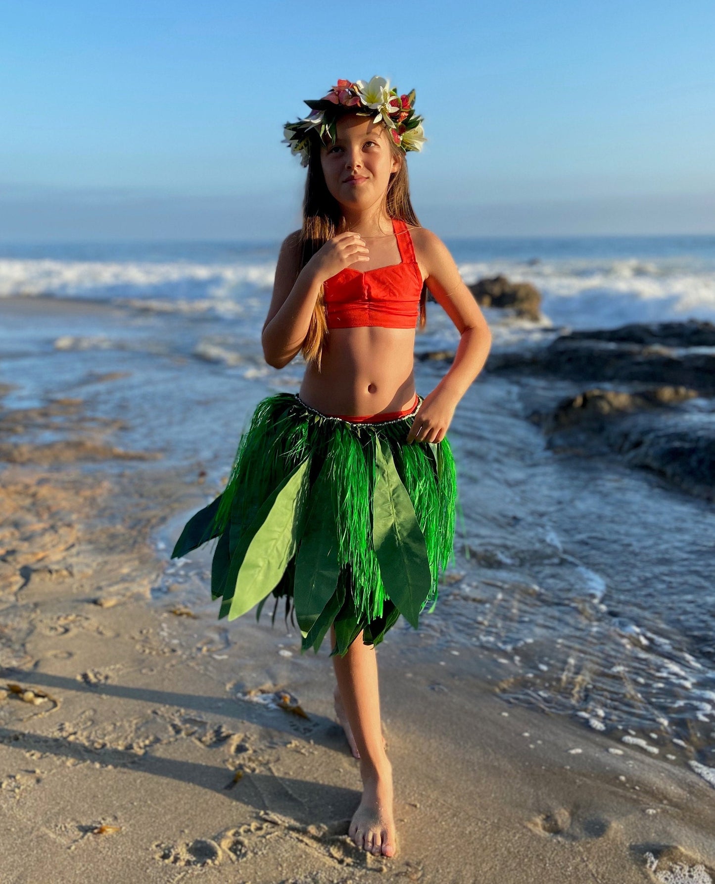 Keiki Silk Ti Leaf Skirt with Hawaiian Hau Mor'e Champion Grade Tamarii Premium Competition Quality Hula Kahiko Professional Photography