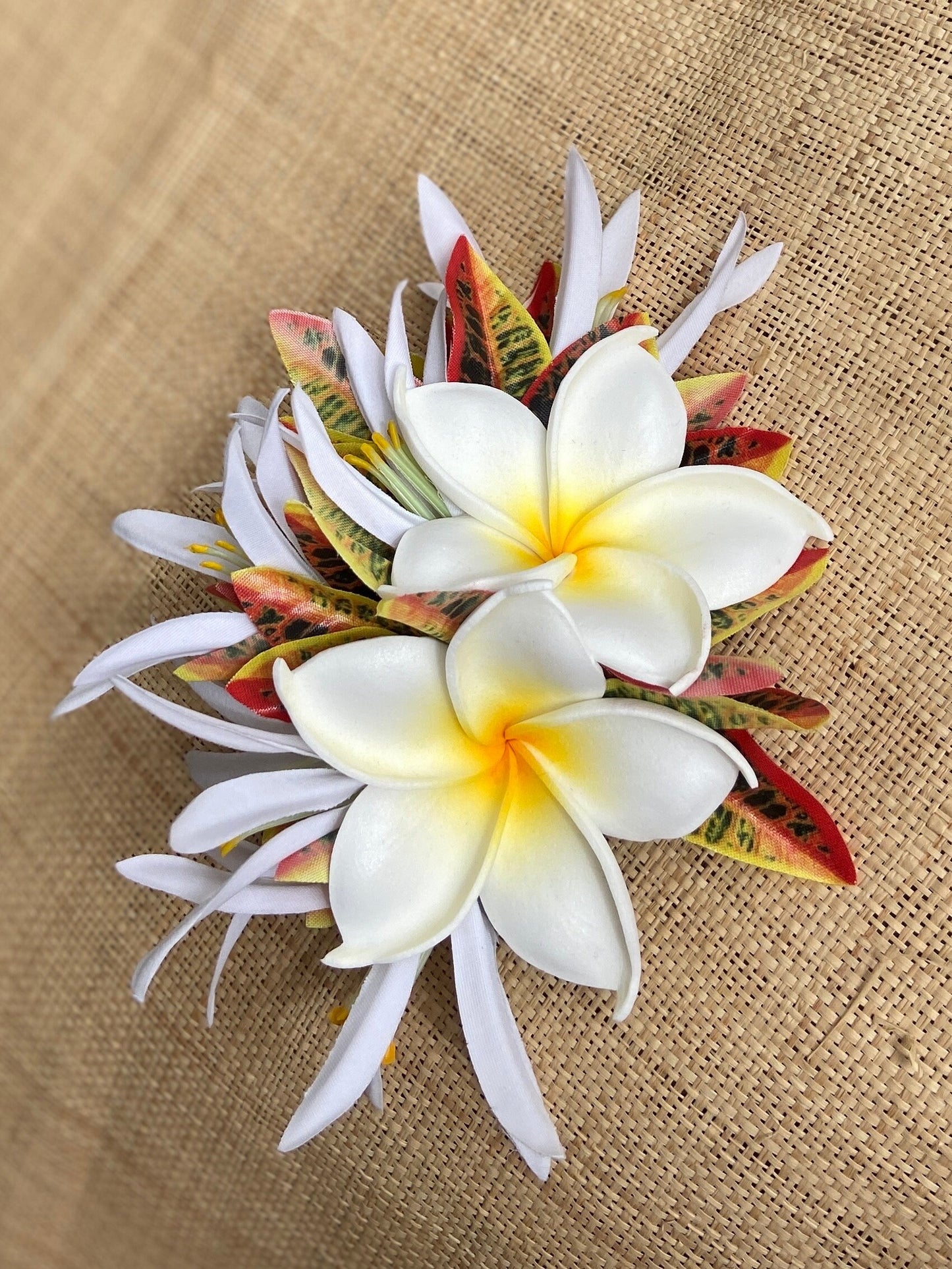 Double Hawaiian Plumeria Hair Clip Tahitian Headdress Costume Aparima Ahuroa Statement Piece Croton Maile Floral Artificial Ti Leaf Hairpin