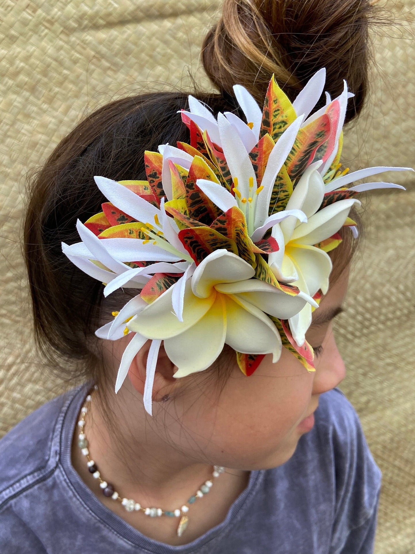 Double Hawaiian Plumeria Hair Clip Tahitian Headdress Costume Aparima Ahuroa Statement Piece Croton Maile Floral Artificial Ti Leaf Hairpin