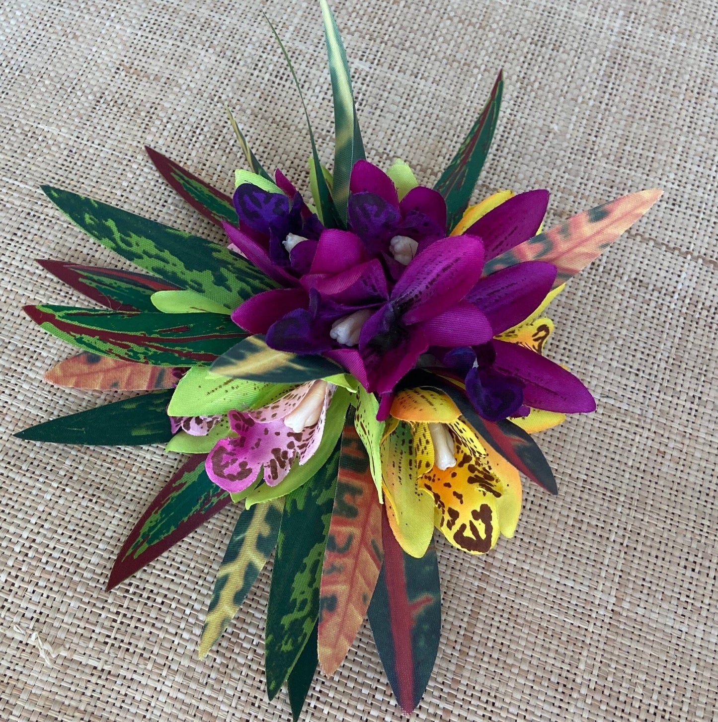 Hawaiian Hair Clip Tahitian Costume Orchids & Fire Croton Artificial Silk Ti Leaves Polynesian Dance Haku Lei Heiva Headdress Flower Crown