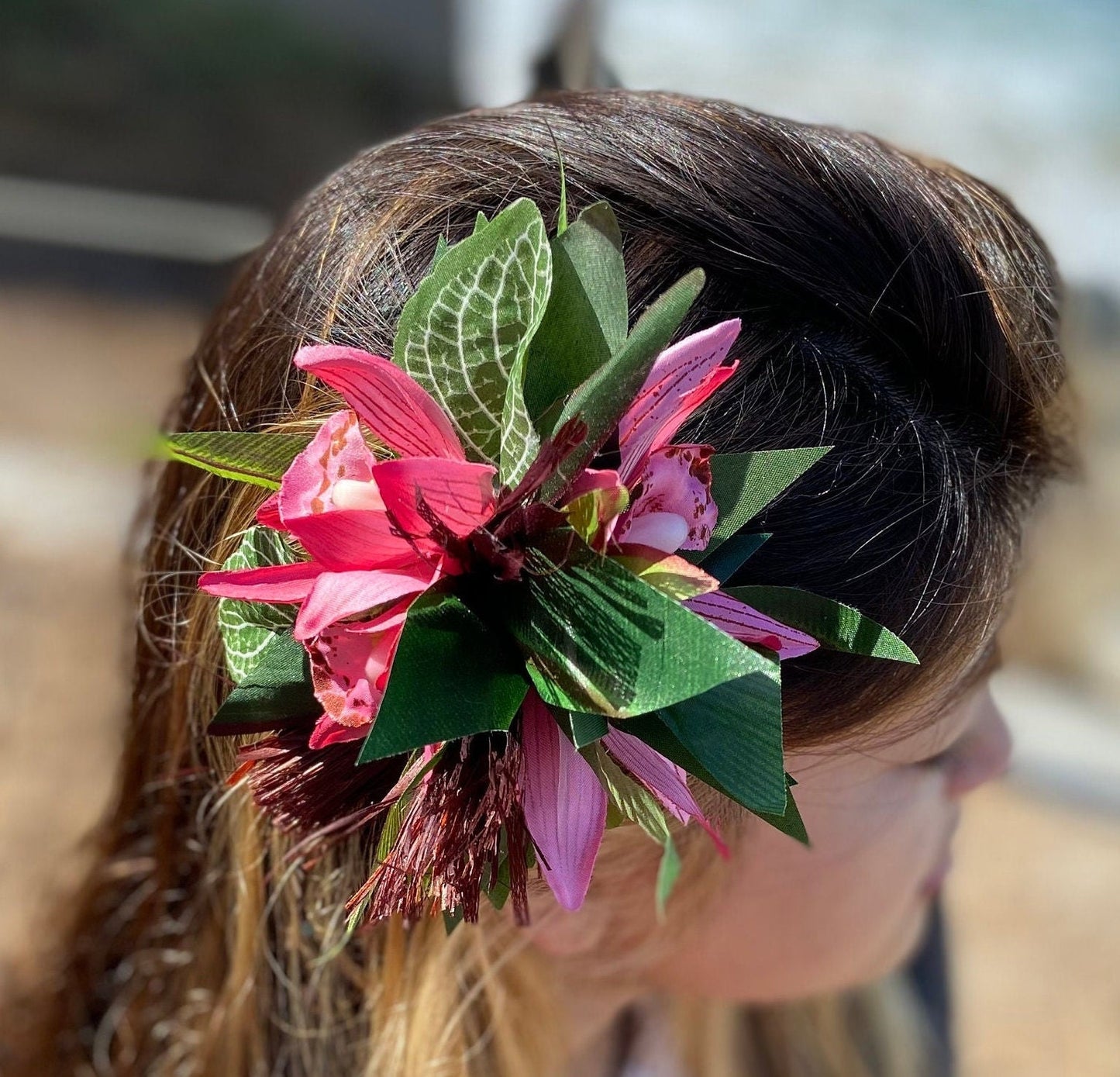 Hawaiian Hair Clip Tahitian Costume Adornment Princess Leopard Orchids & Samoan Hau Fau Hibiscus Fiber Artificial Ti Leaf Tropical Hair Pin