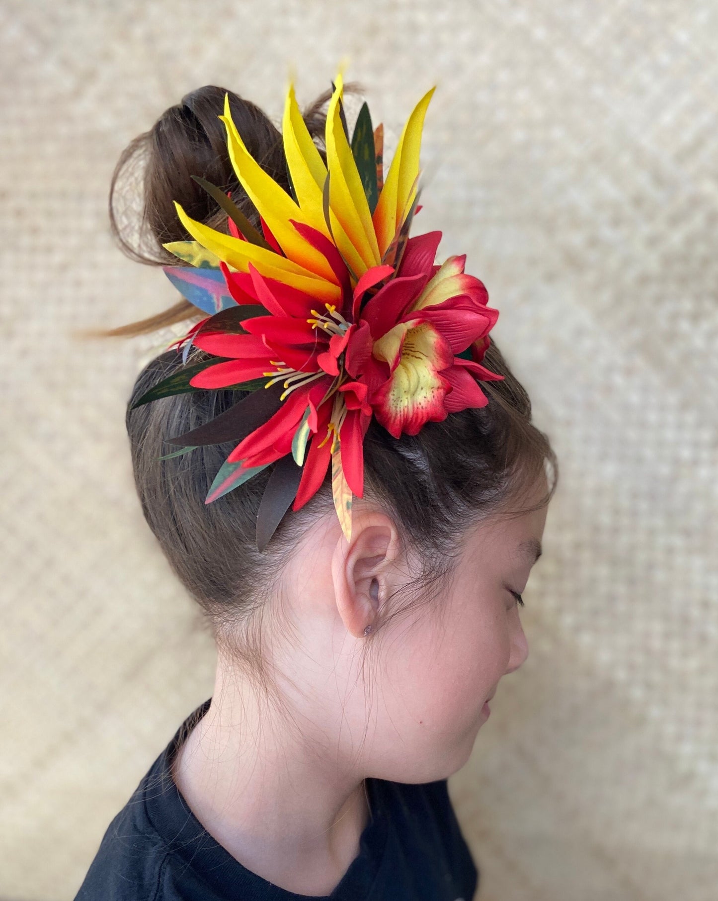 Royal Hawaiian Orchid Hair Clip Tahitian Headdress Costume Aparima Ahuroa Statement Piece Spider Lily Floral Artificial Ti Leaf Hairpin