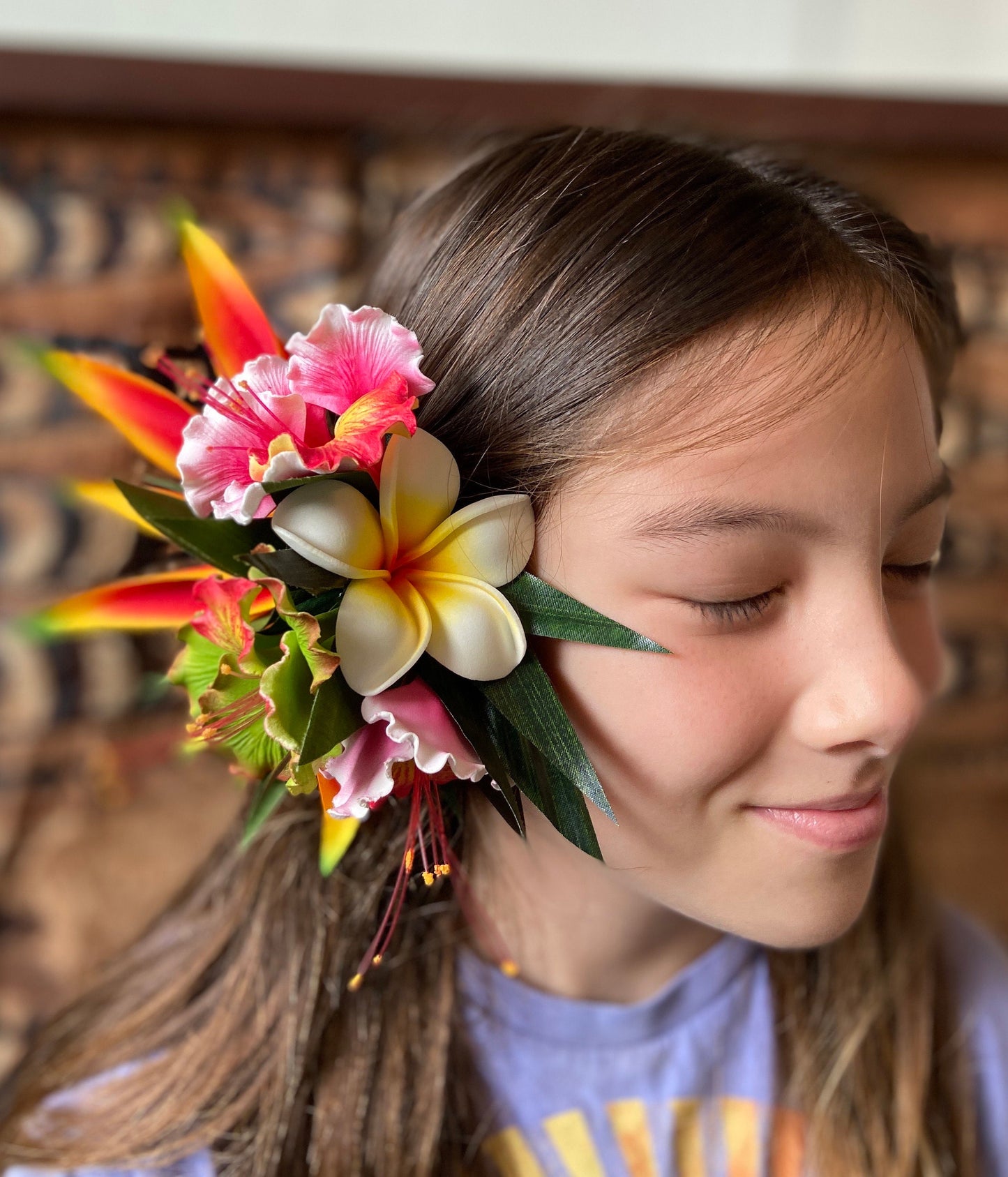 Hawaiian Ohai Ali’i Hair Clip Tahitian Headdress Costume Aparima Ahuroa Statement Piece Bridal Plumeria Artificial Ti Leaf Hair Pin
