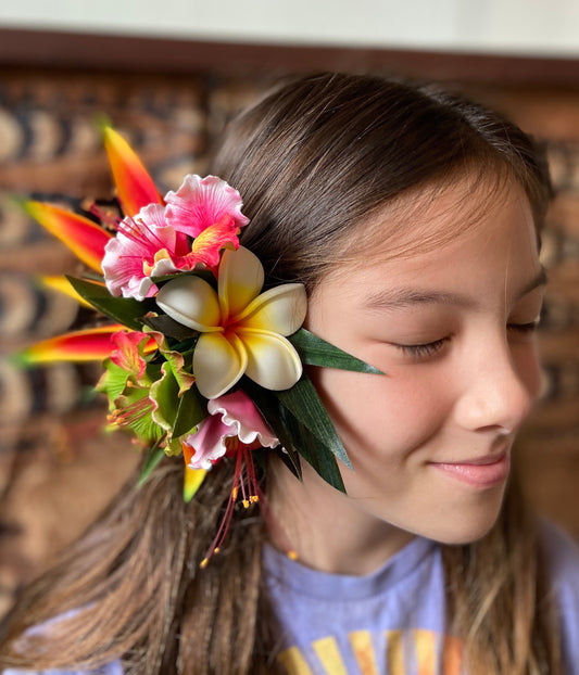 Hawaiian Ohai Ali’i Hair Clip Tahitian Headdress Costume Aparima Ahuroa Statement Piece Bridal Plumeria Artificial Ti Leaf Hair Pin