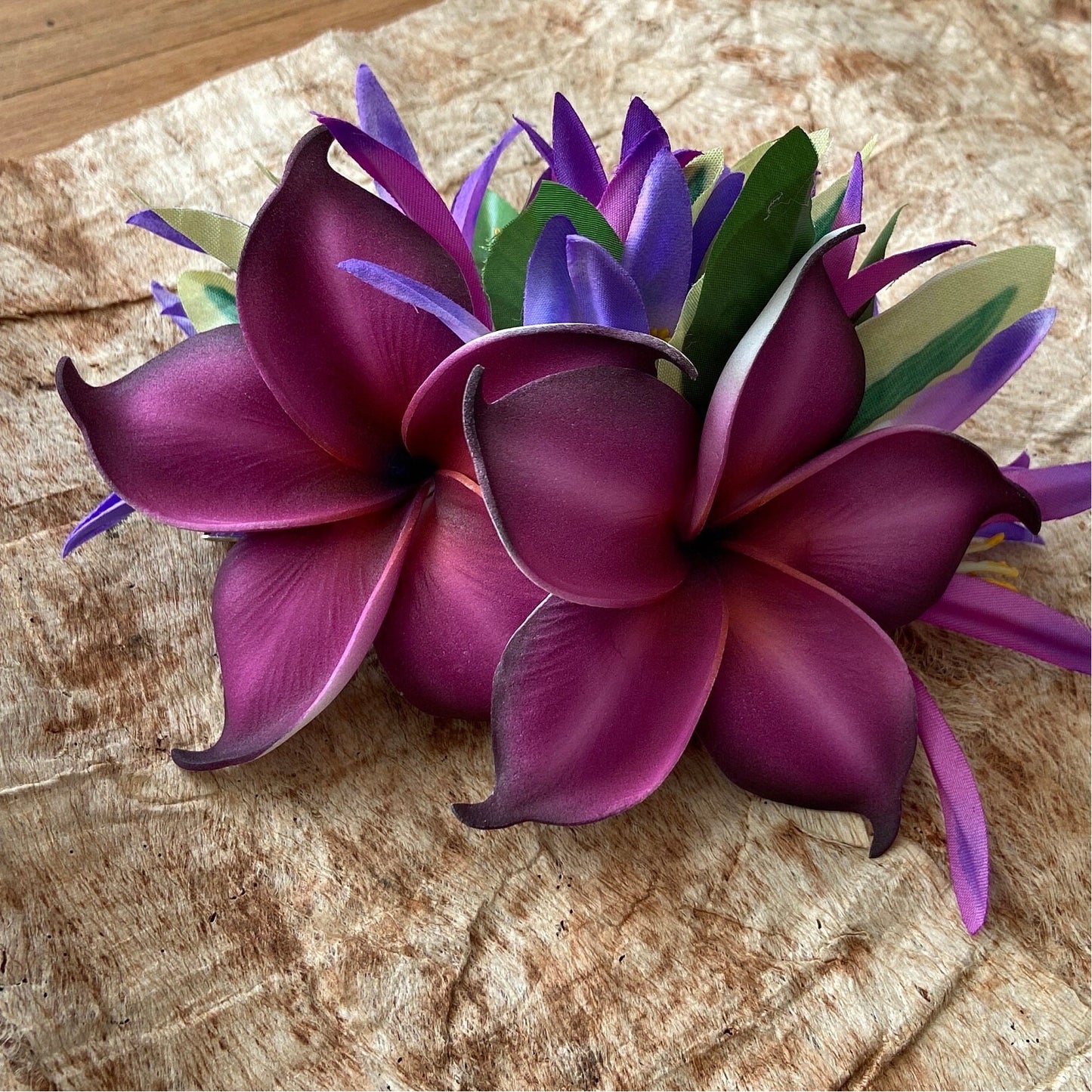 Double Hawaiian Plumeria Hair Clip Tahitian Headdress Costume Aparima Ahuroa Statement Piece Croton Maile Floral Artificial Ti Leaf Hairpin