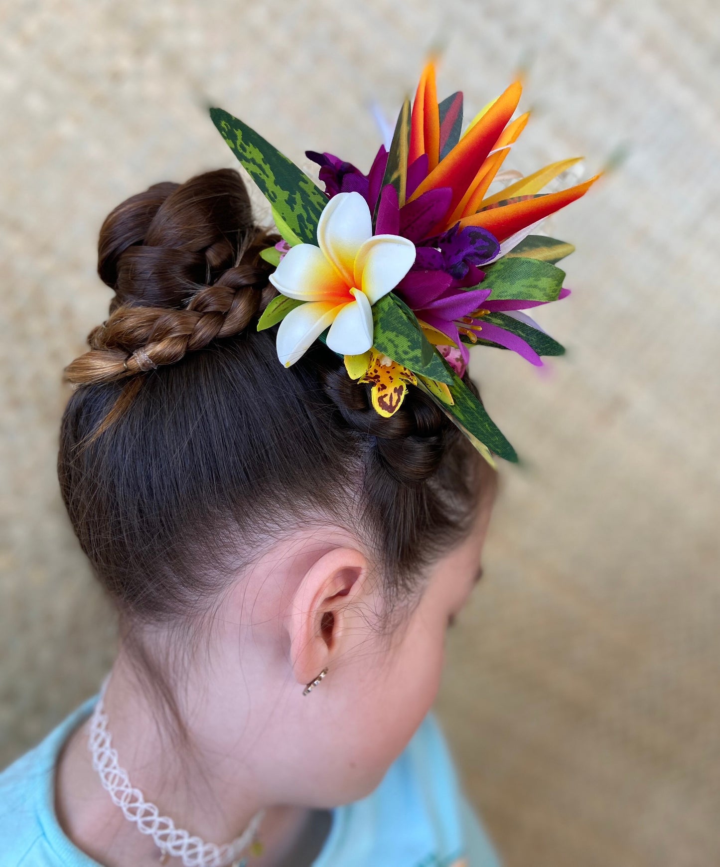 Hawaiian Hair Clip Tahitian Costume Hair Adornment Real Touch Plumeria Orchid Bird of Paradise Artificial Ti Leaf Tropical Hair Pin