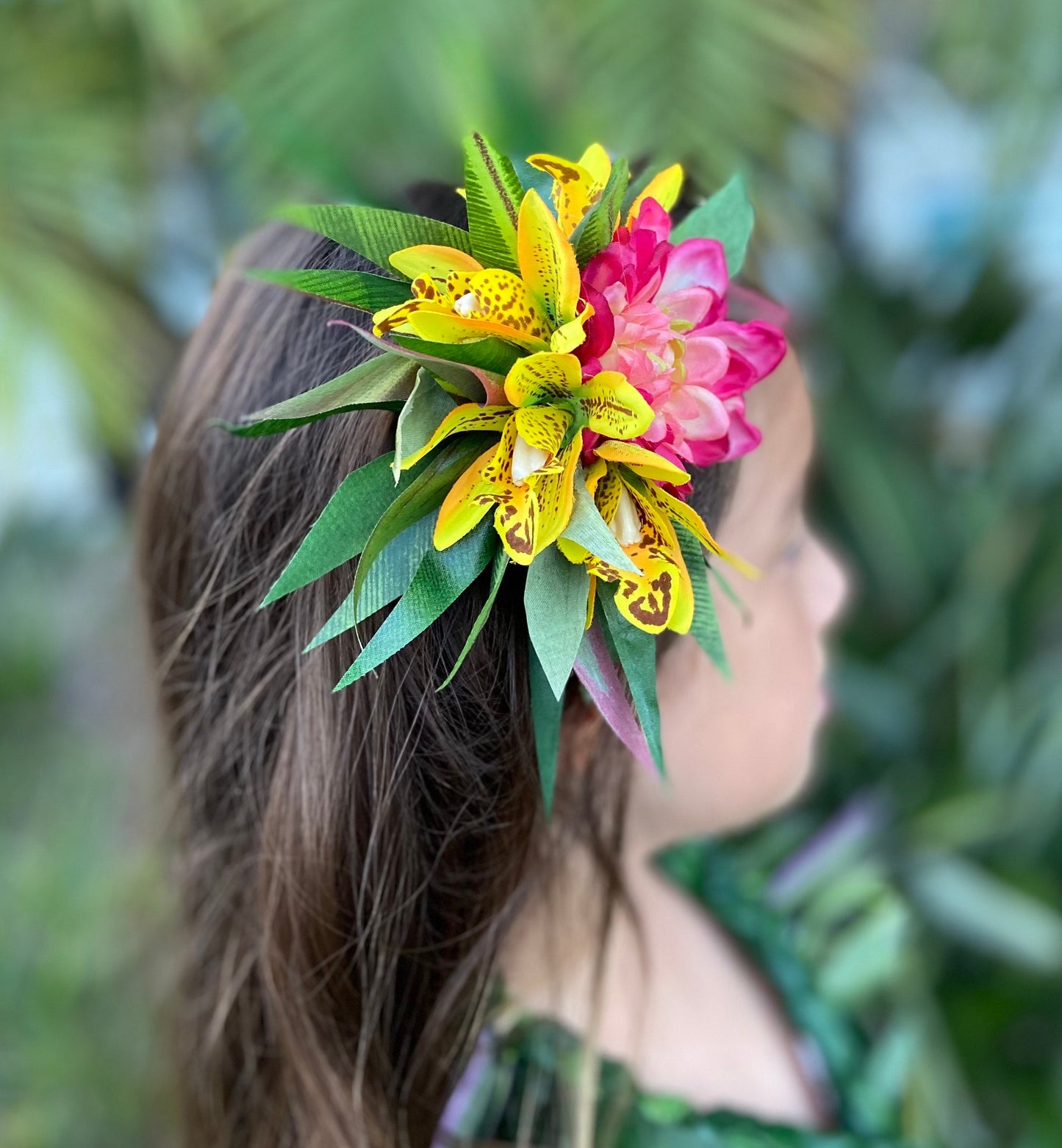 Hawaiian Hair Clip Tahitian Costume Hair Adornment Dahlia & Golden Leopard Orchids Artificial Ti Leaf Tropical Hair Pin