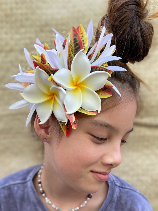 Double Hawaiian Plumeria Hair Clip Tahitian Headdress Costume Aparima Ahuroa Statement Piece Croton Maile Floral Artificial Ti Leaf Hairpin