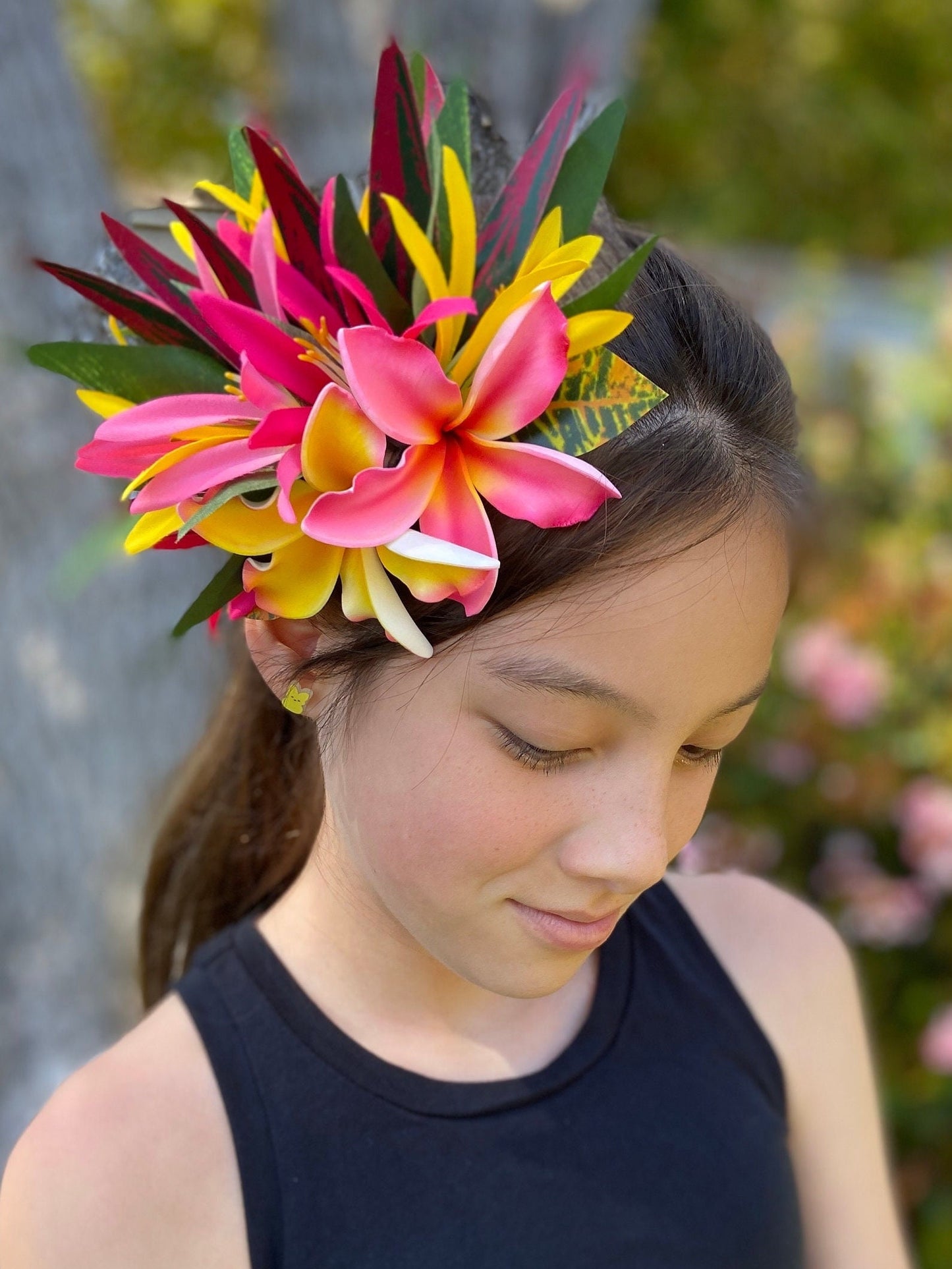Hawaiian Hair Clip Tahitian Adornment Aparima Ahuroa Statement Piece Sunrise Sunset Twin Plumeria Vintage Tropical Elegant Hair Pin